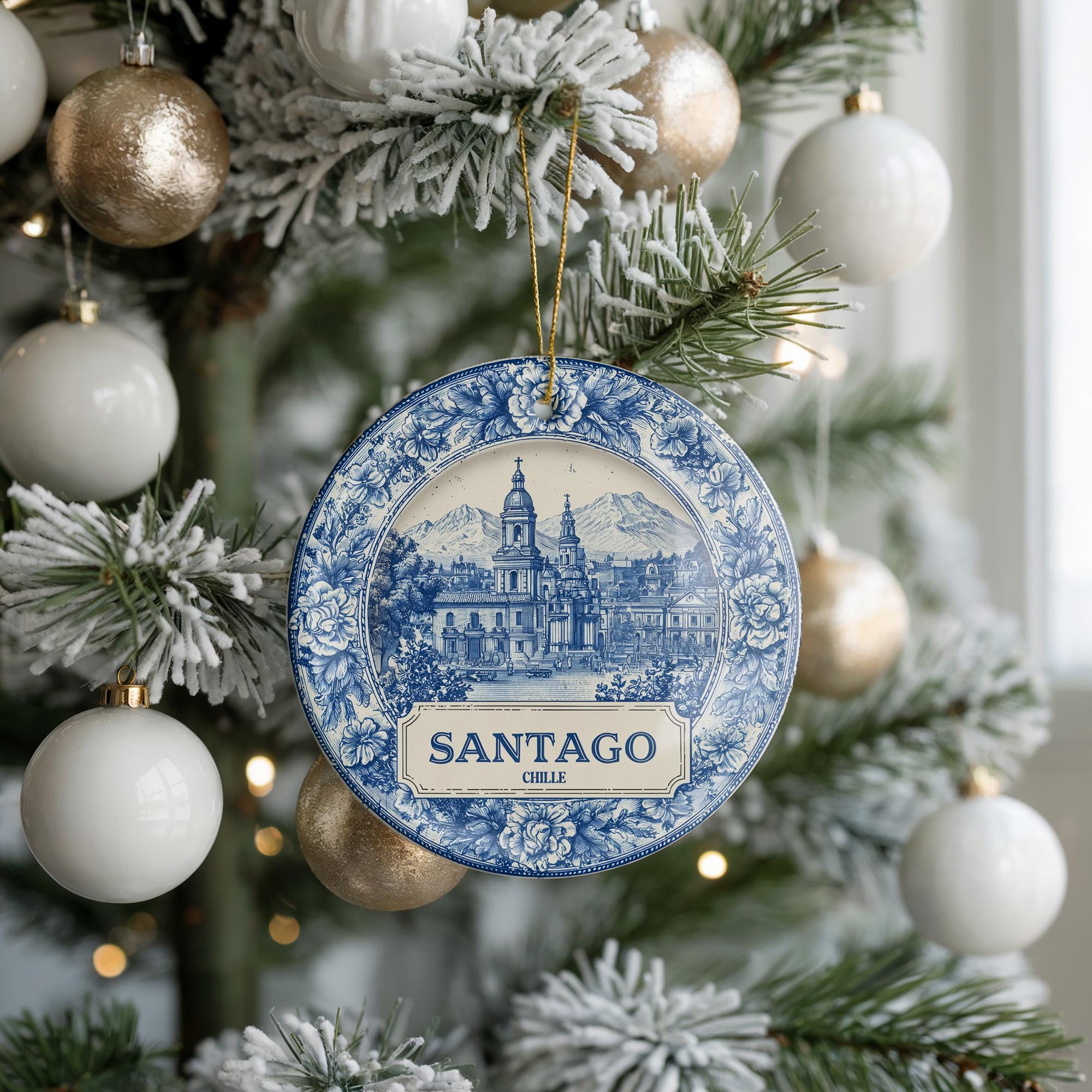 Custom Santiago Chile Ceramic Delft Ornament, Christmas Delftware Blue Delftware city travel - CuteBeePix