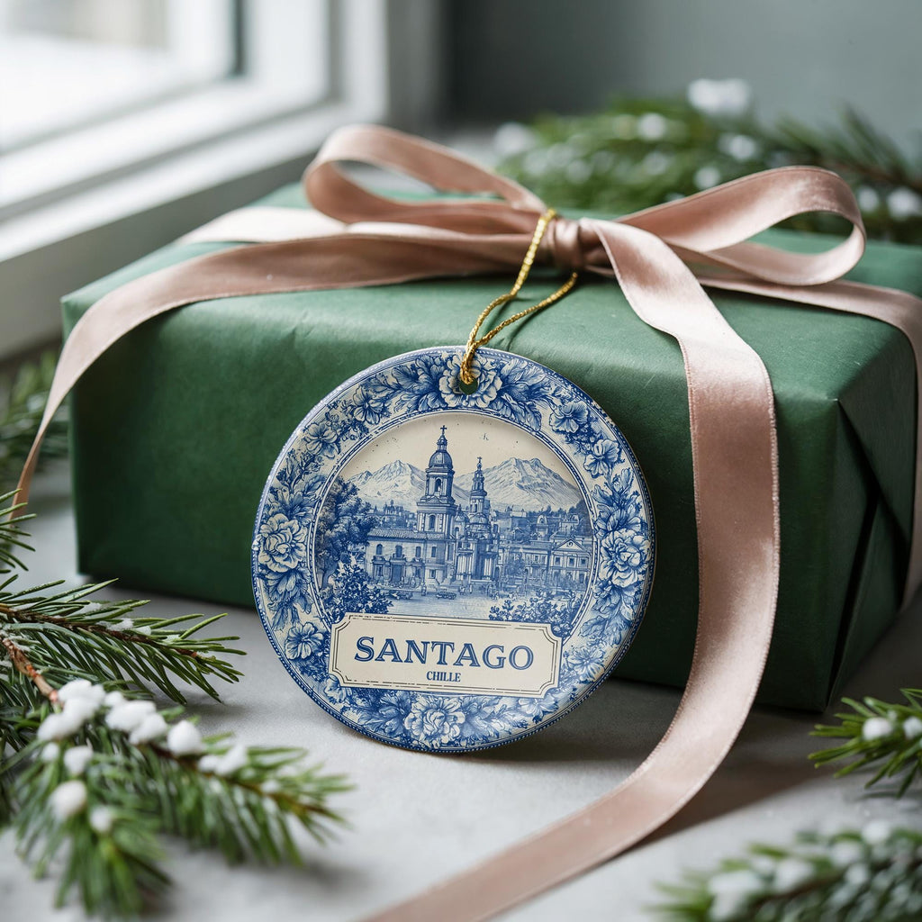 Custom Santiago Chile Ceramic Delft Ornament, Christmas Delftware Blue Delftware city travel - CuteBeePix