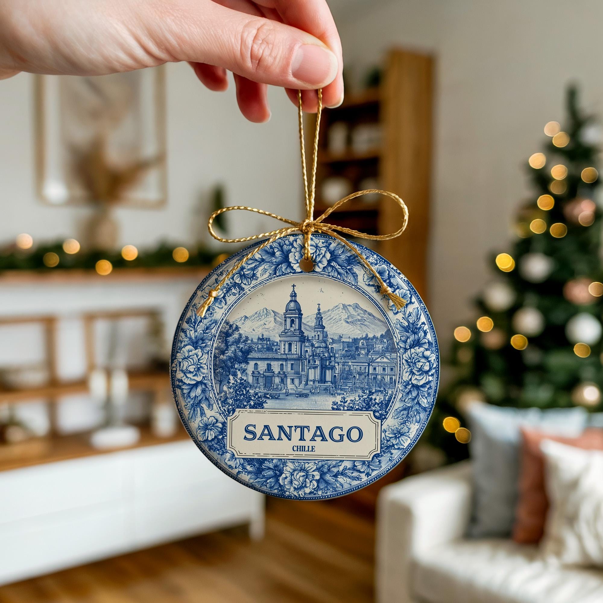 Custom Santiago Chile Ceramic Delft Ornament, Christmas Delftware Blue Delftware city travel - CuteBeePix