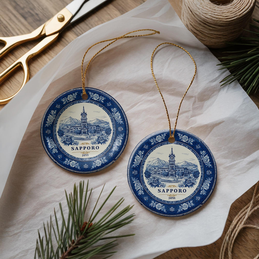 Custom Sapporo Japan Ceramic Delft Ornament, Christmas Delftware Blue Delftware city travel - CuteBeePix