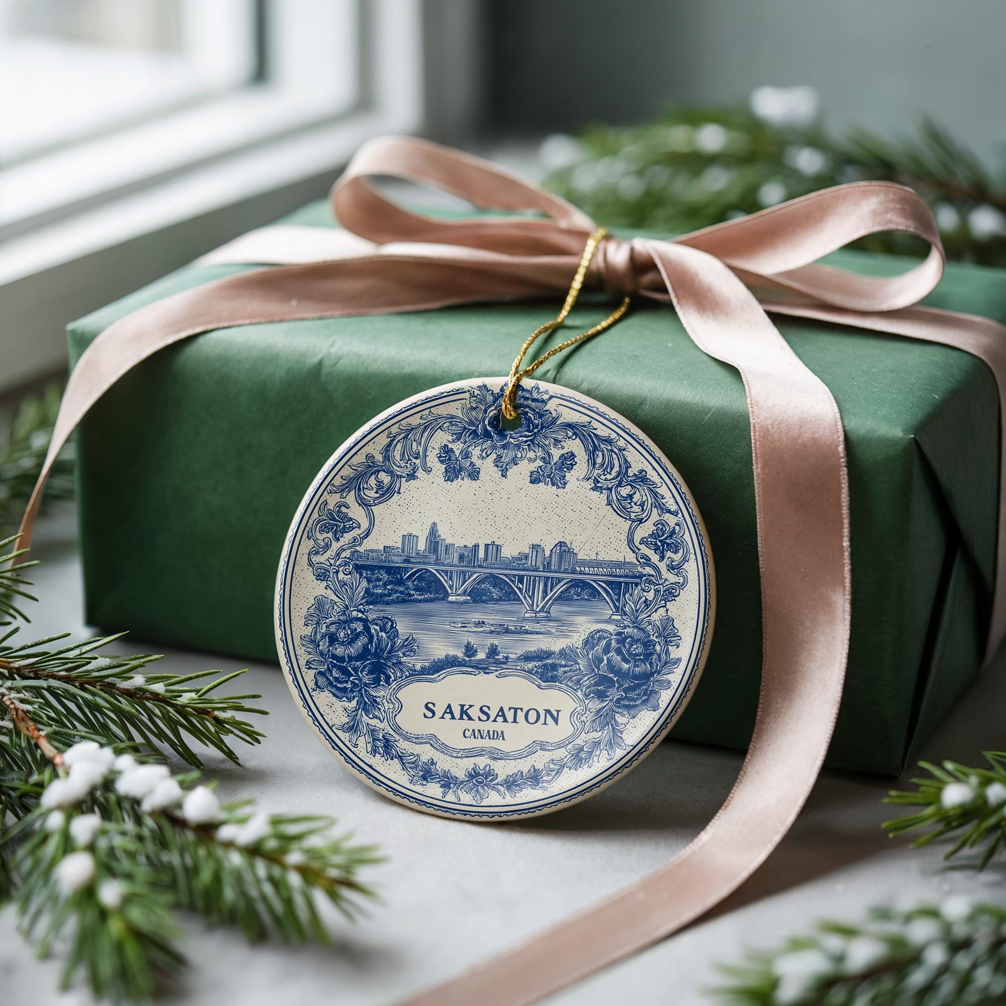 Custom Saskatoon Canada Ceramic Delft Ornament, Christmas Delftware Blue Delftware city travel - CuteBeePix