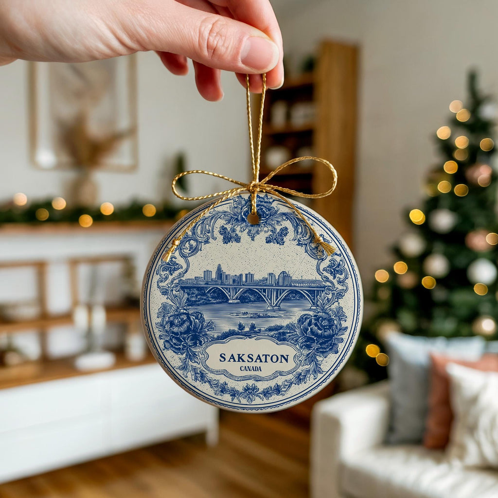 Custom Saskatoon Canada Ceramic Delft Ornament, Christmas Delftware Blue Delftware city travel - CuteBeePix