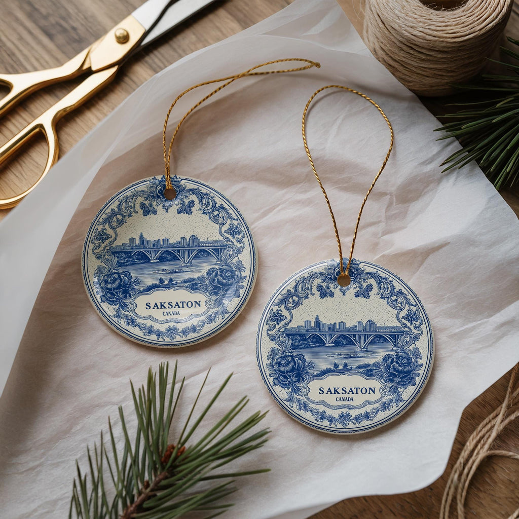 Custom Saskatoon Canada Ceramic Delft Ornament, Christmas Delftware Blue Delftware city travel - CuteBeePix