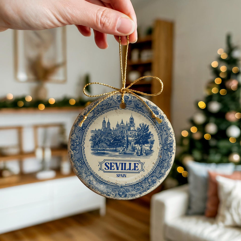 Custom Seville Spain Ceramic Delft Ornament, Christmas Delftware Blue Delftware city travel - CuteBeePix