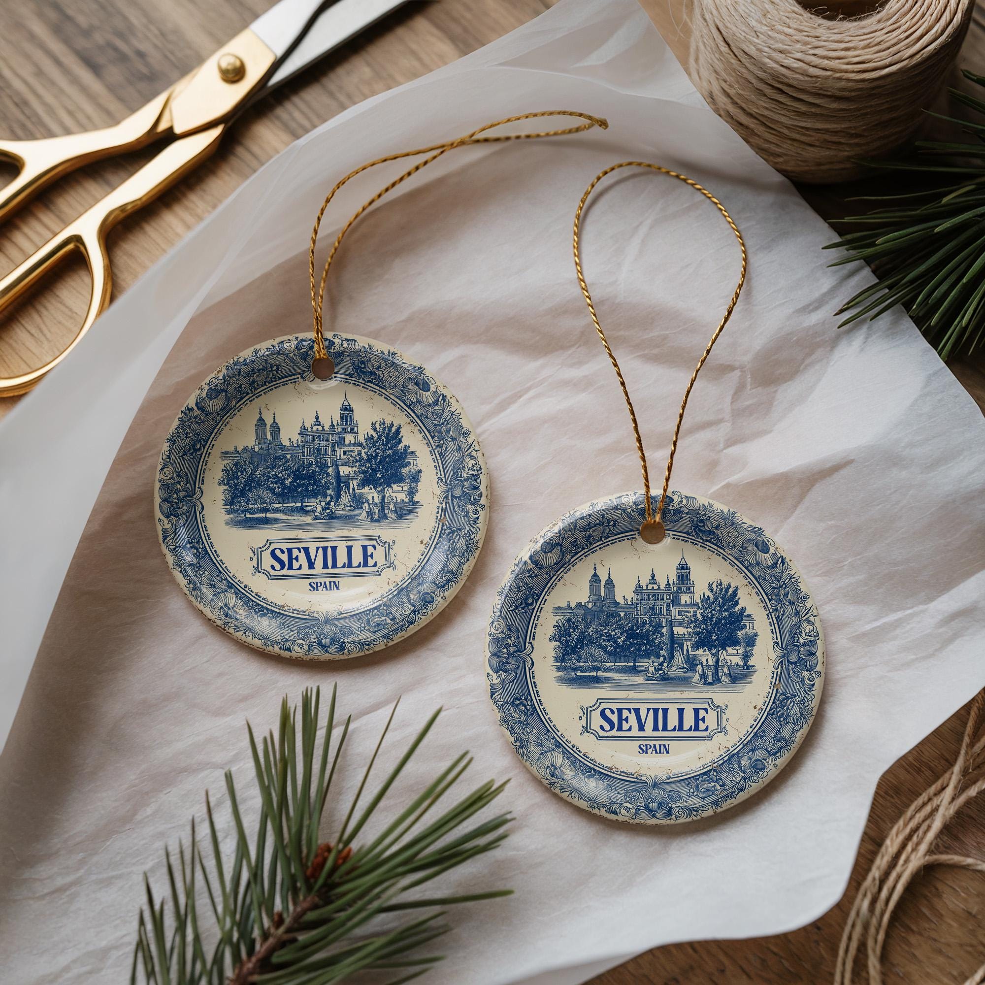 Custom Seville Spain Ceramic Delft Ornament, Christmas Delftware Blue Delftware city travel - CuteBeePix