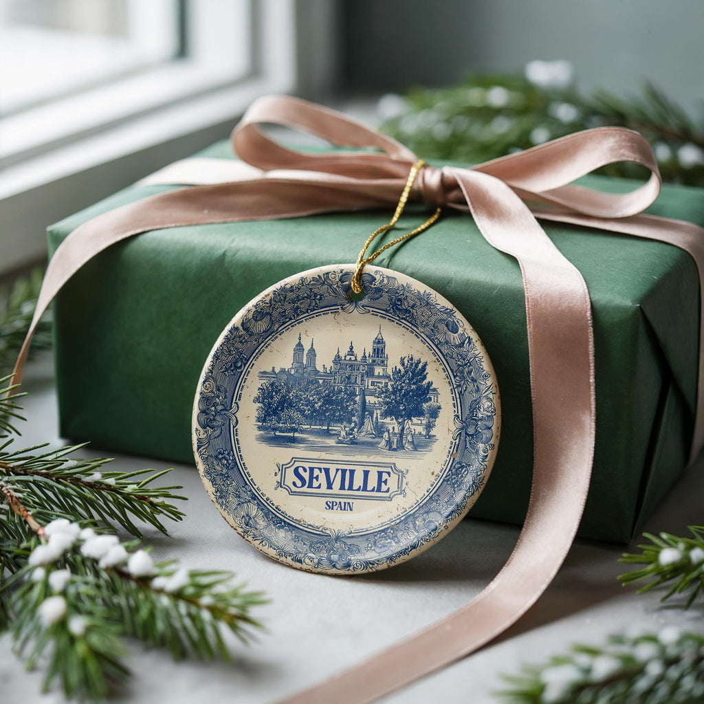 Custom Seville Spain Ceramic Delft Ornament, Christmas Delftware Blue Delftware city travel - CuteBeePix