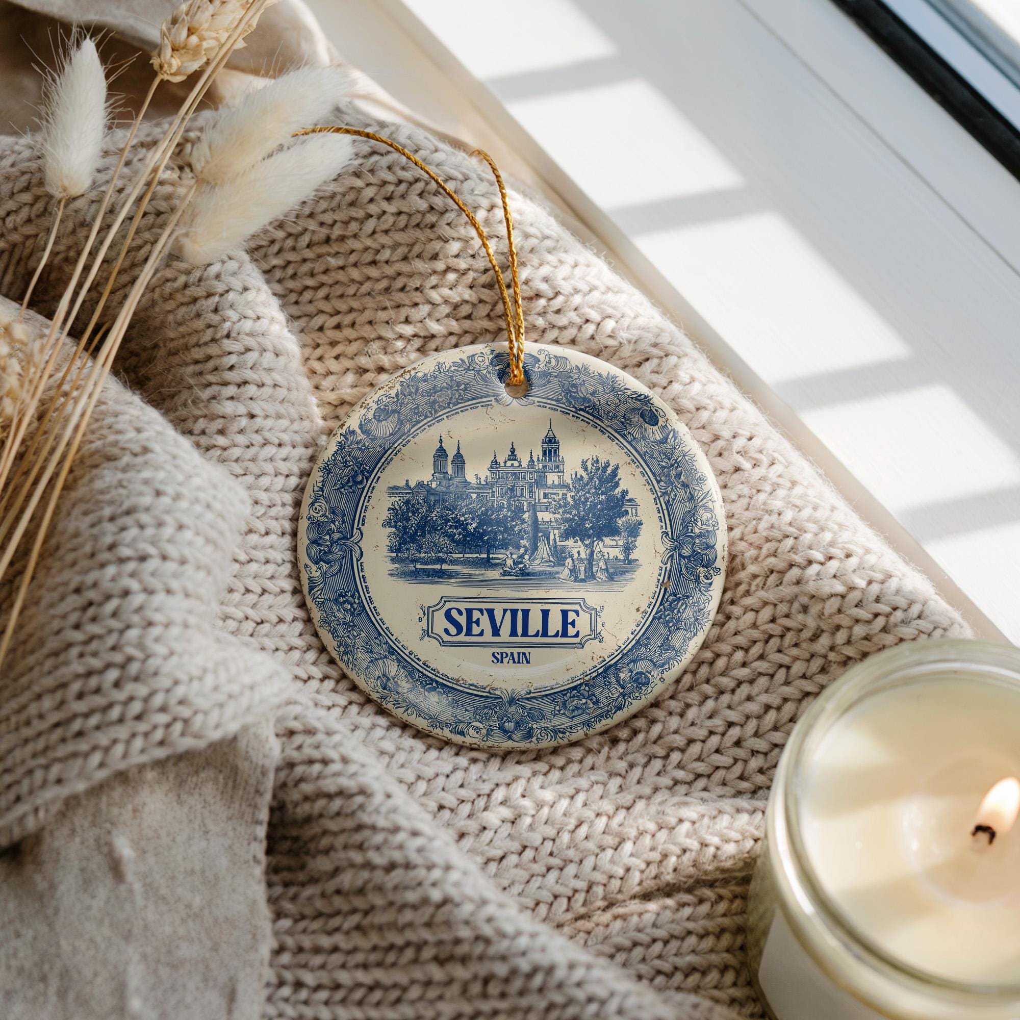 Custom Seville Spain Ceramic Delft Ornament, Christmas Delftware Blue Delftware city travel - CuteBeePix