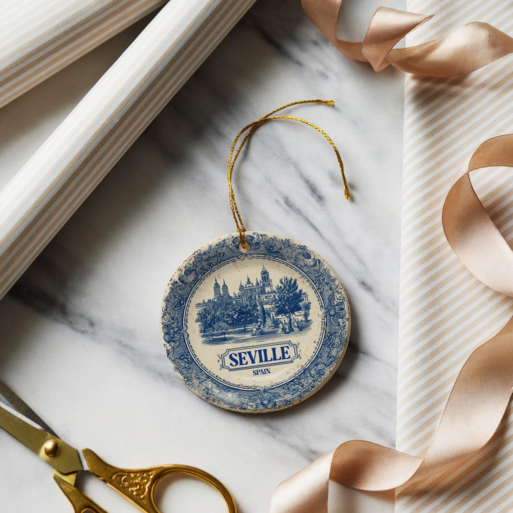 Custom Seville Spain Ceramic Delft Ornament, Christmas Delftware Blue Delftware city travel - CuteBeePix