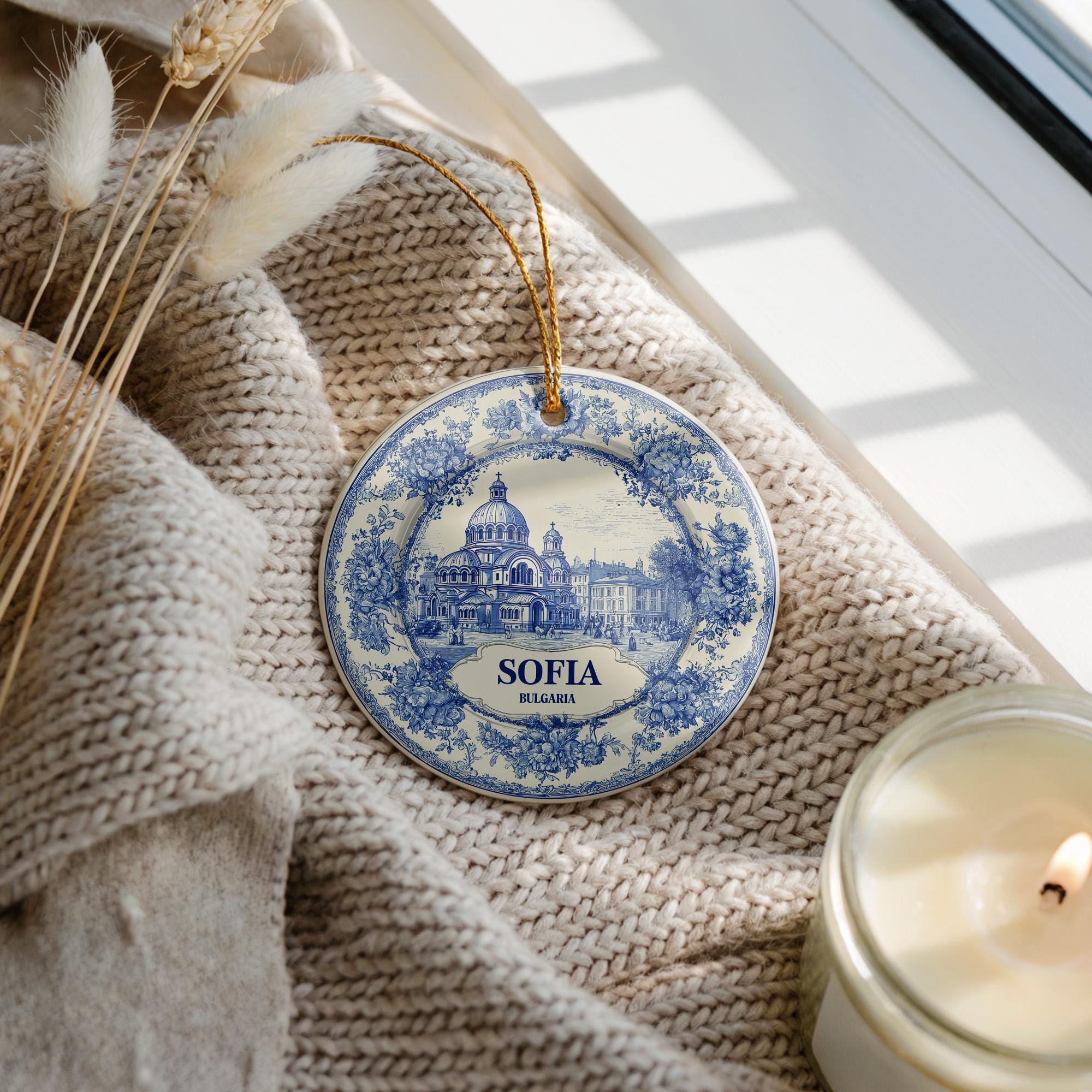 Custom Sofia Bulgaria Ceramic Delft Ornament, Christmas Delftware Blue Delftware city travel - CuteBeePix