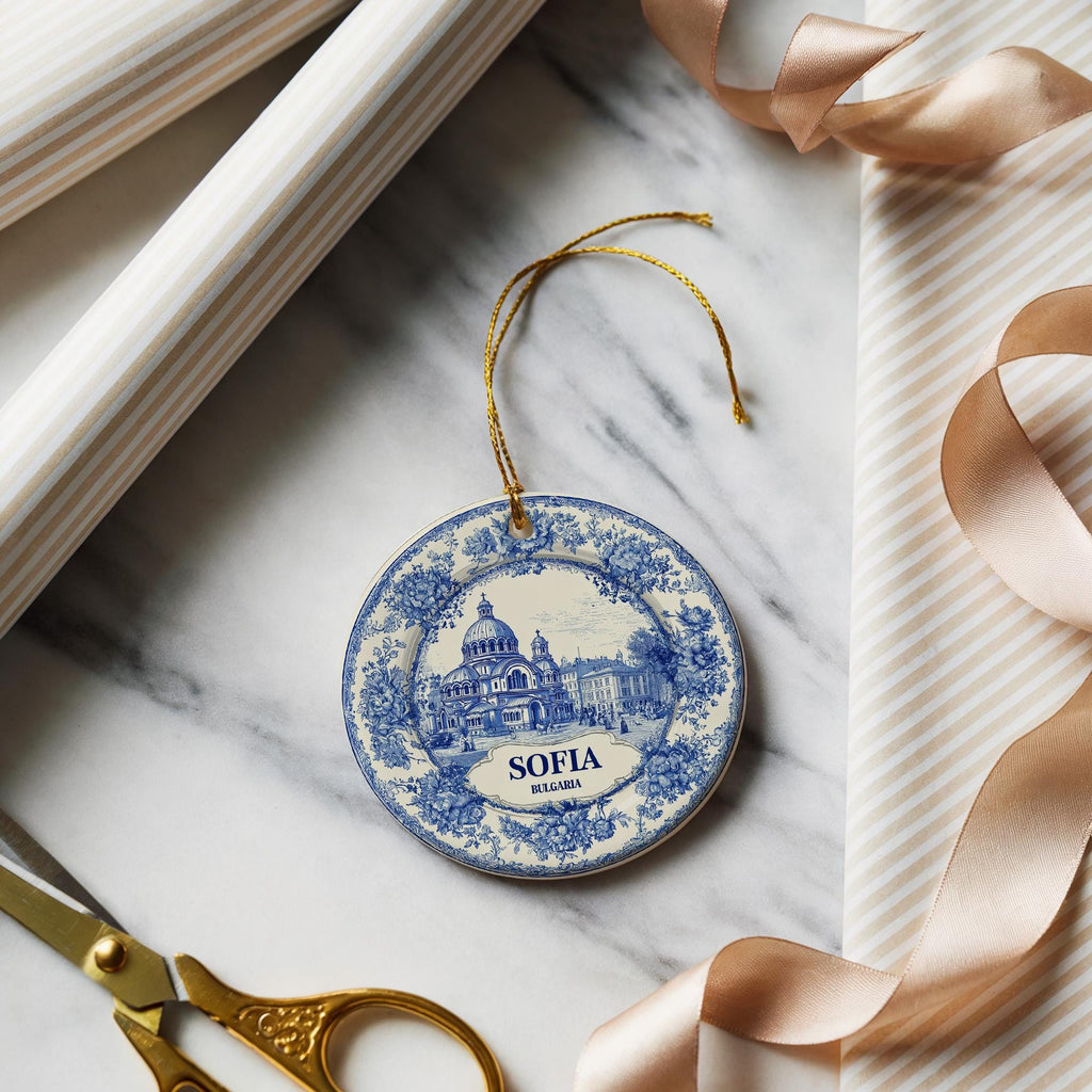 Custom Sofia Bulgaria Ceramic Delft Ornament, Christmas Delftware Blue Delftware city travel - CuteBeePix