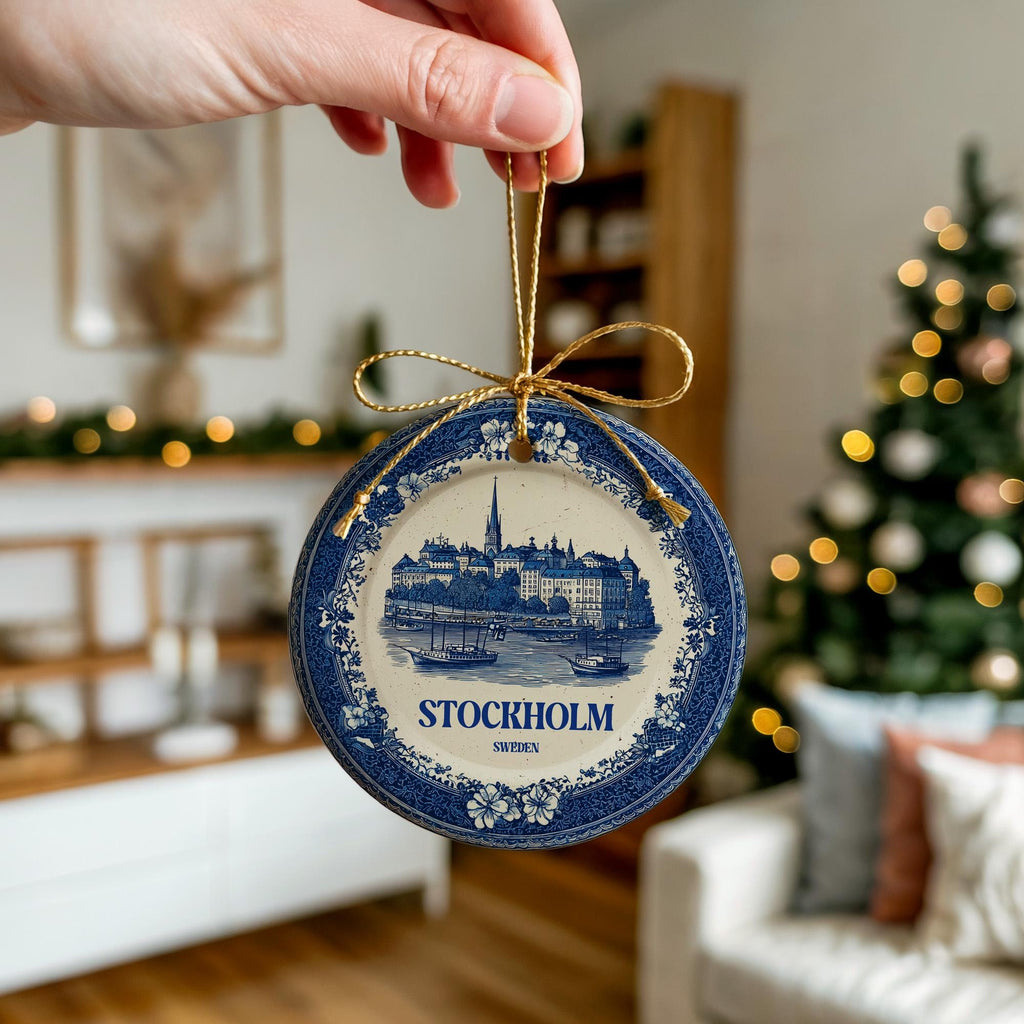 Custom Stockholm Sweden Ceramic Delft Ornament, Christmas Delftware Blue Delftware city travel - CuteBeePix