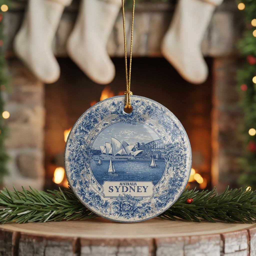 Custom Sydney Australia Ceramic Delft Ornament, Christmas Delftware Blue Delftware city travel - CuteBeePix