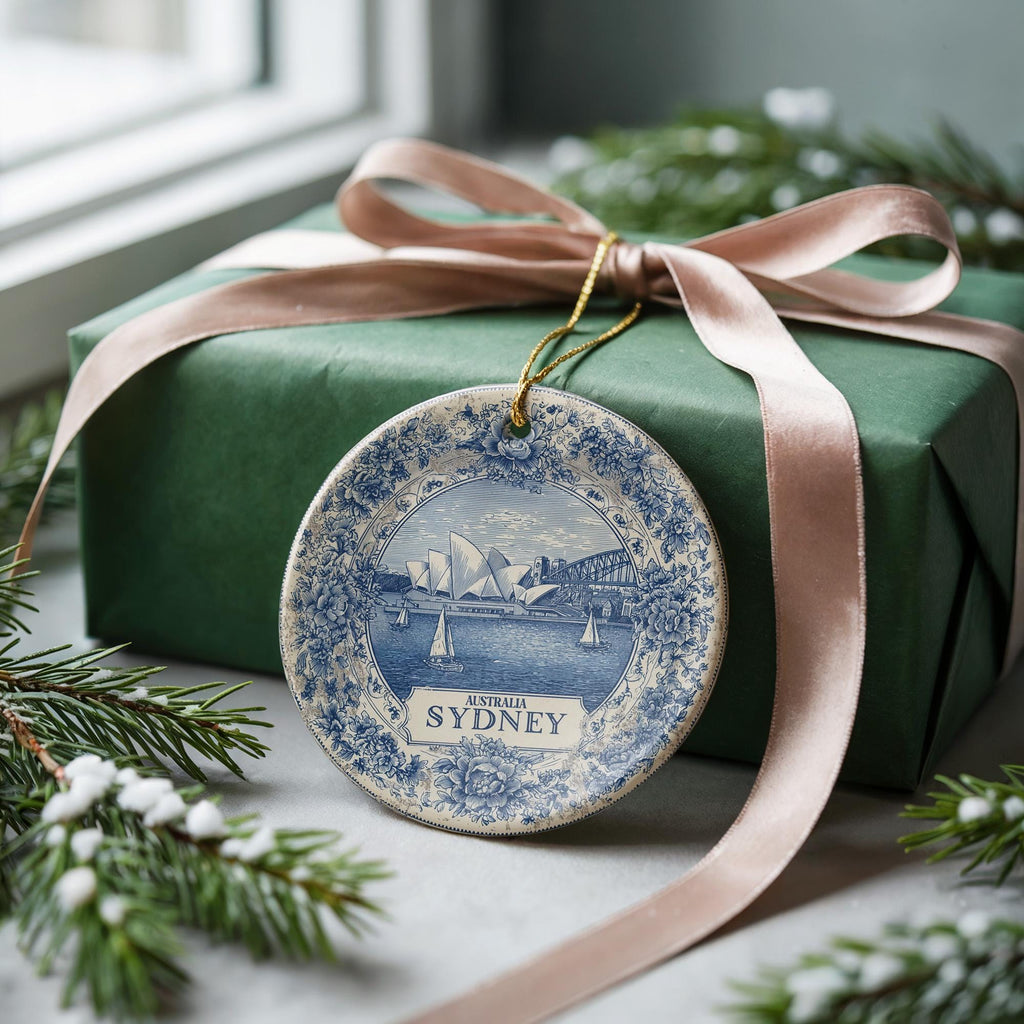 Custom Sydney Australia Ceramic Delft Ornament, Christmas Delftware Blue Delftware city travel - CuteBeePix
