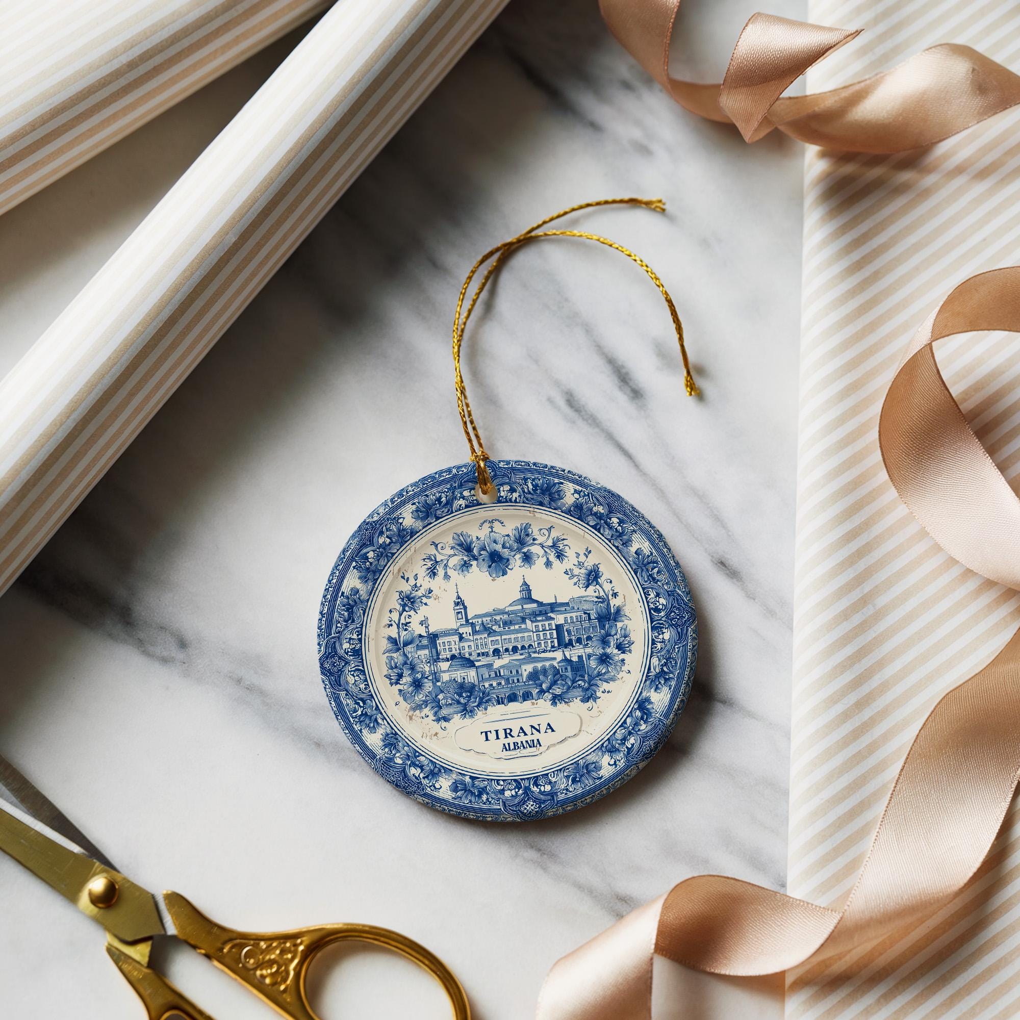 Custom Tirana Albania Ceramic Delft Ornament, Christmas Delftware Blue Delftware city travel - CuteBeePix