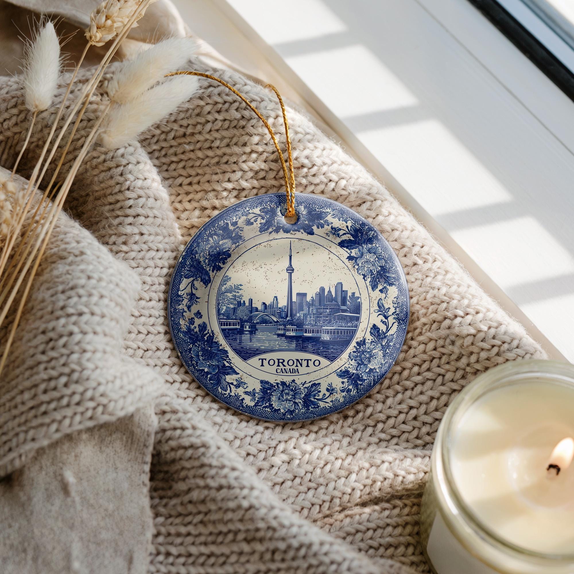 Custom Toronto Canada Ceramic Delft Ornament, Christmas Delftware Blue Delftware city travel - CuteBeePix