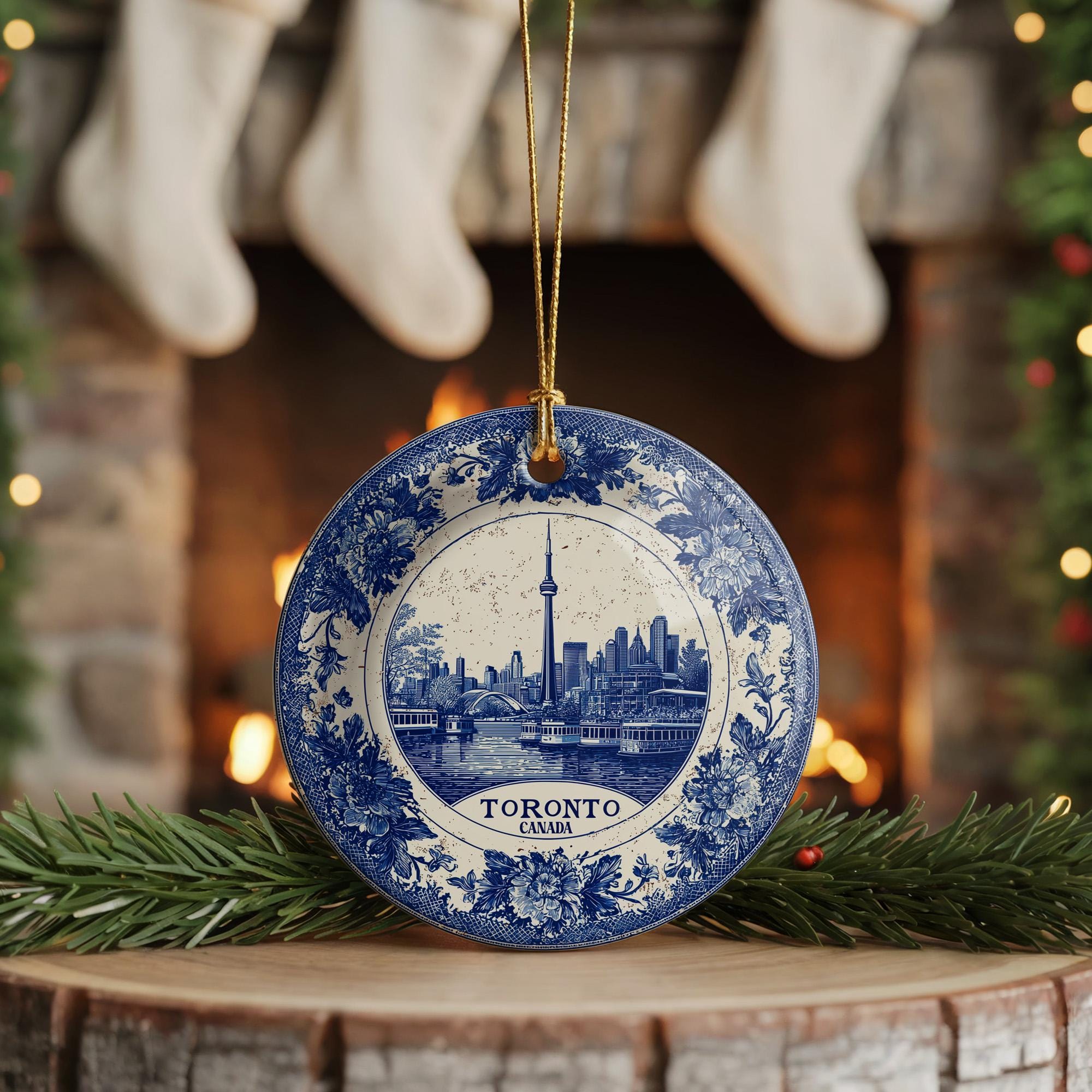 Custom Toronto Canada Ceramic Delft Ornament, Christmas Delftware Blue Delftware city travel - CuteBeePix