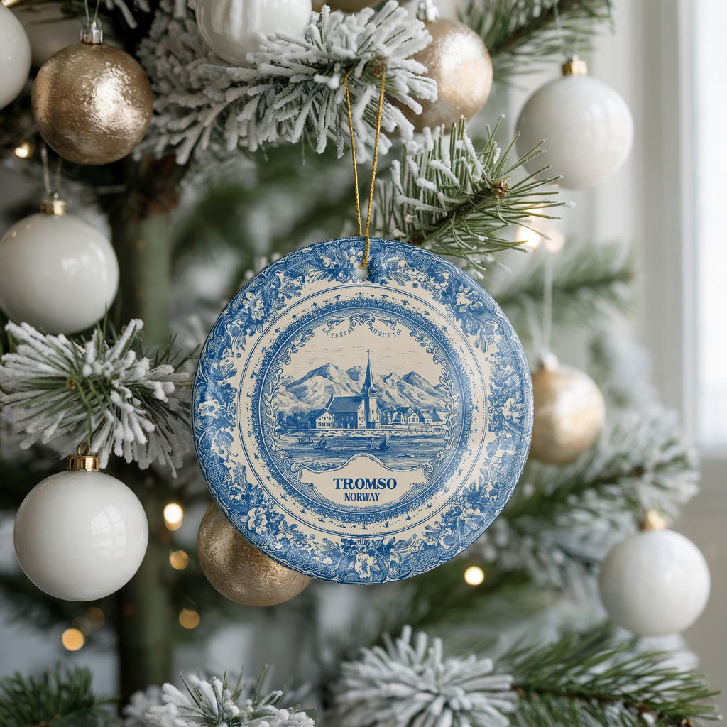 Custom Tromso Norway Ceramic Delft Ornament, Christmas Delftware Blue Delftware city travel - CuteBeePix