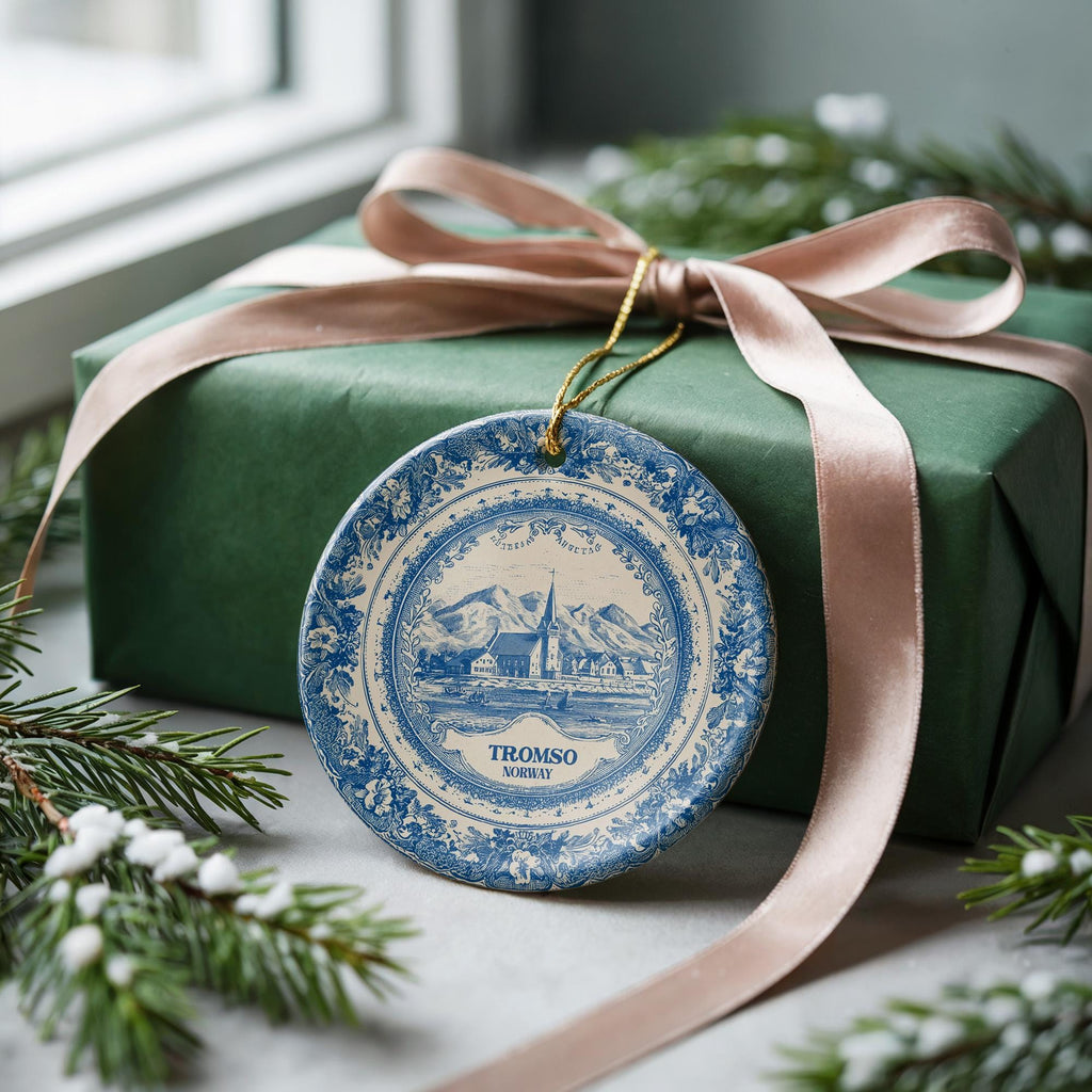 Custom Tromso Norway Ceramic Delft Ornament, Christmas Delftware Blue Delftware city travel - CuteBeePix