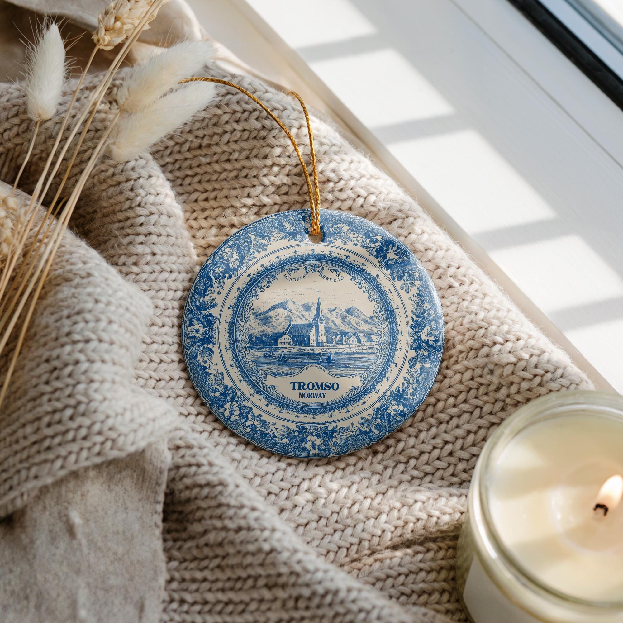 Custom Tromso Norway Ceramic Delft Ornament, Christmas Delftware Blue Delftware city travel - CuteBeePix
