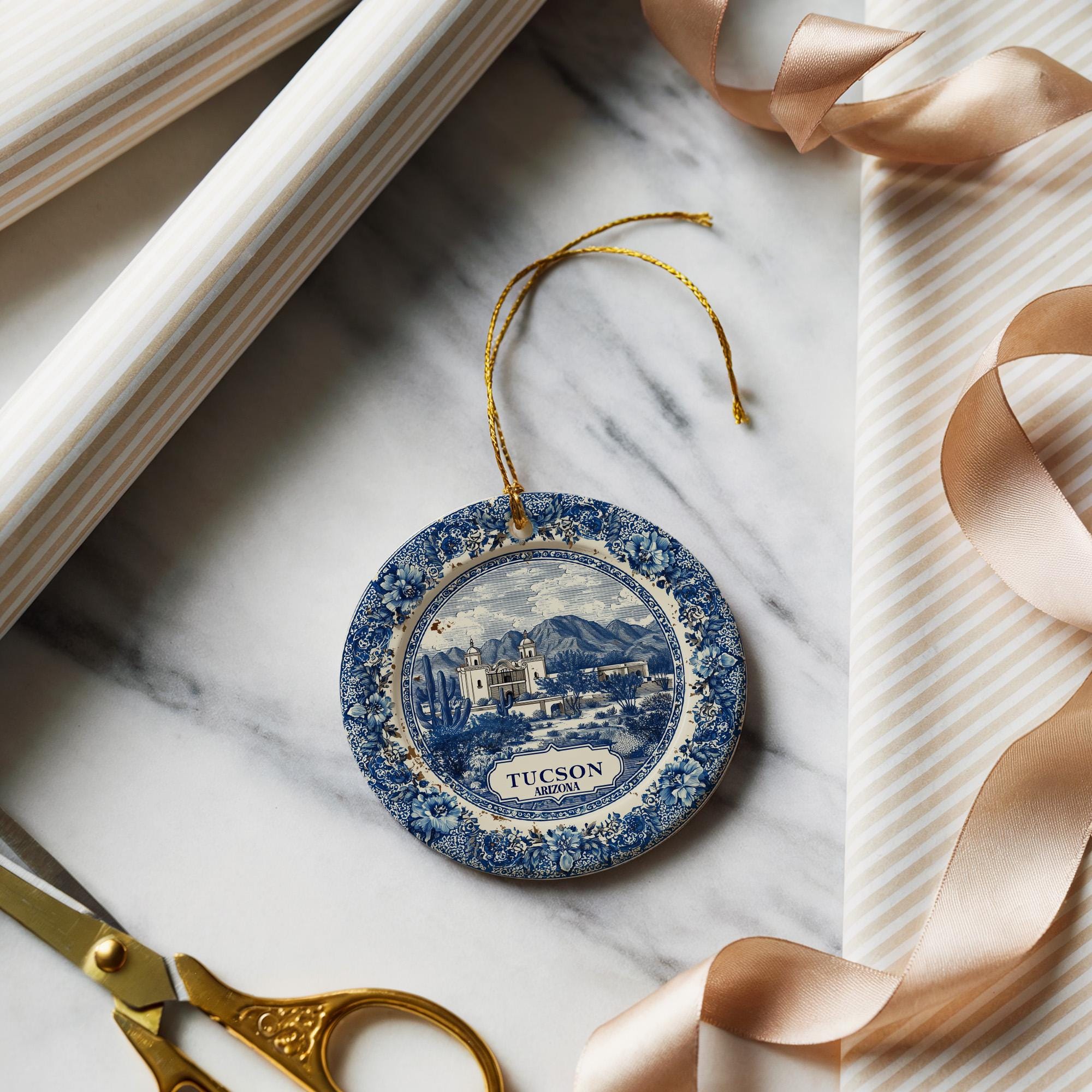 Custom Tucson Arizona Ceramic Delft Ornament, Christmas Delftware Blue Delftware city travel - CuteBeePix
