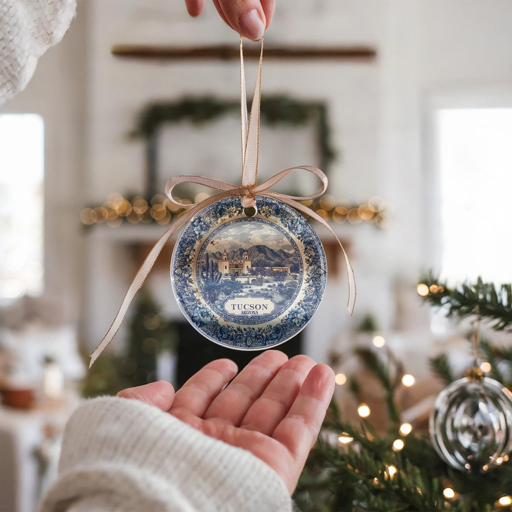 Custom Tucson Arizona Ceramic Delft Ornament, Christmas Delftware Blue Delftware city travel - CuteBeePix