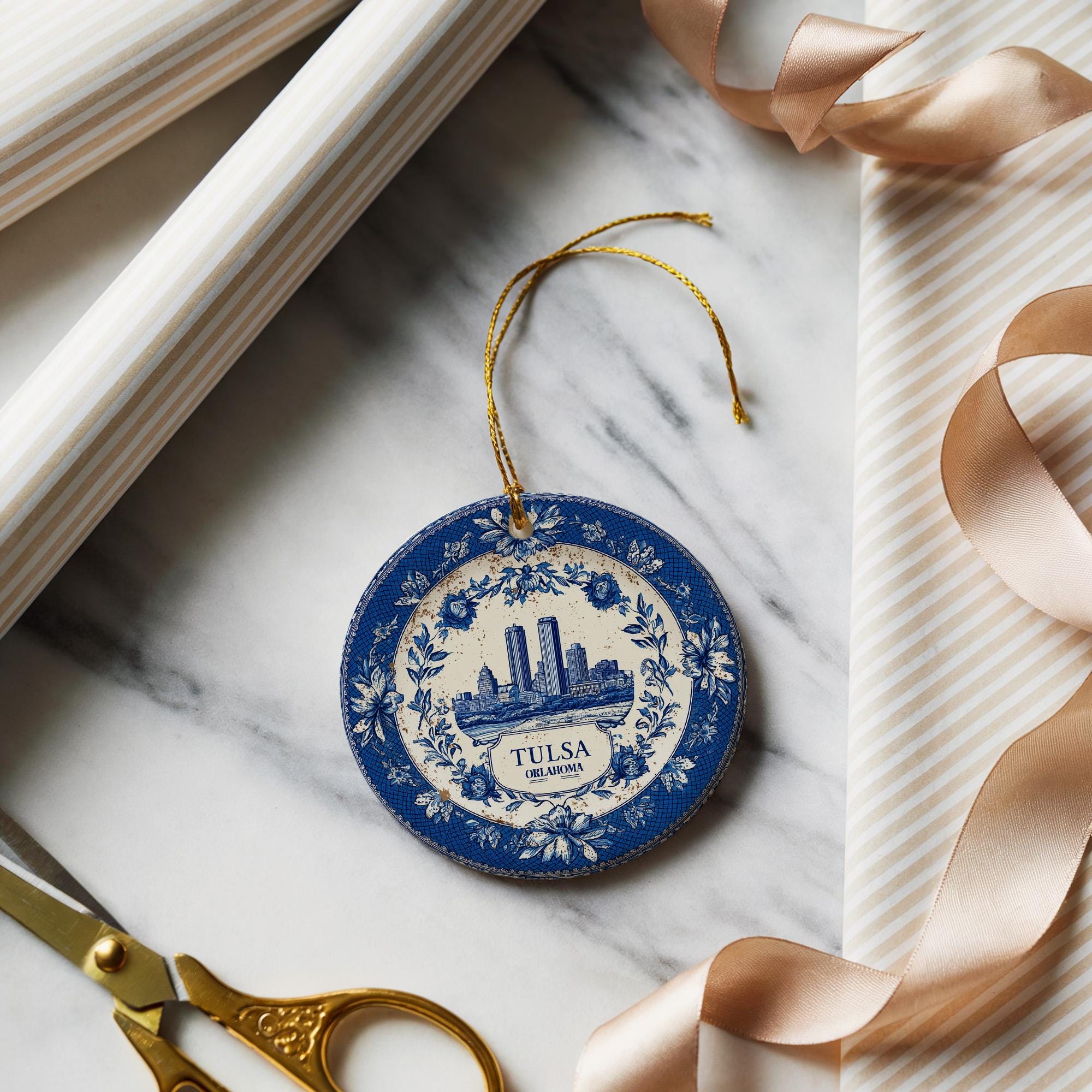 Custom Tulsa Oklahoma Ceramic Delft Ornament, Christmas Delftware Blue Delftware city travel - CuteBeePix