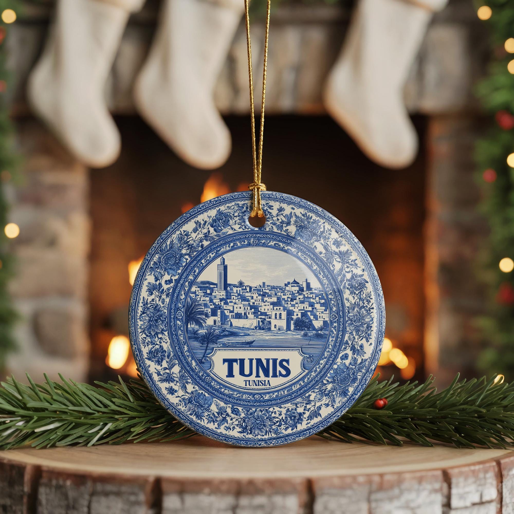 Custom Tunis Tunisia Ceramic Delft Ornament, Christmas Delftware Blue Delftware city travel - CuteBeePix