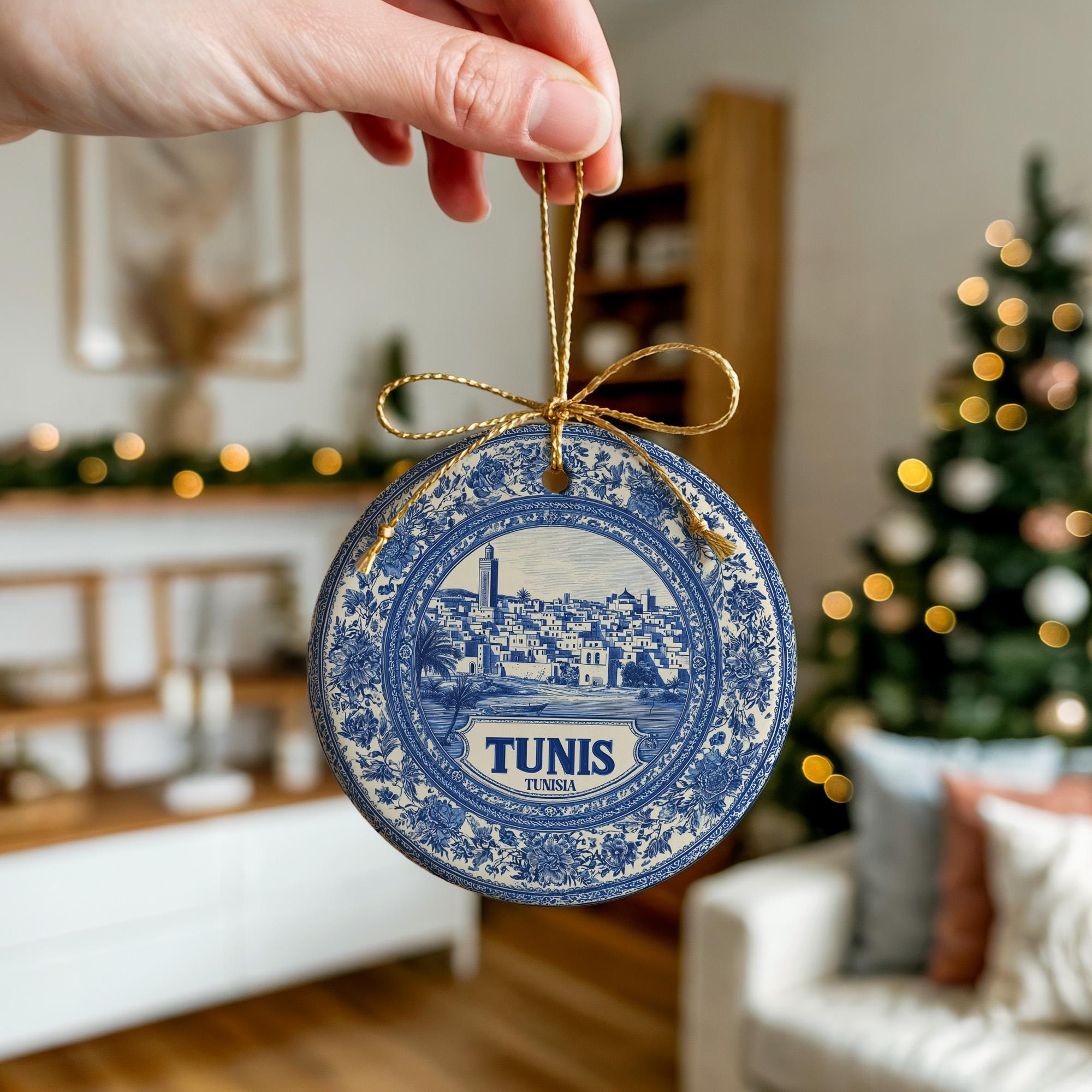 Custom Tunis Tunisia Ceramic Delft Ornament, Christmas Delftware Blue Delftware city travel - CuteBeePix