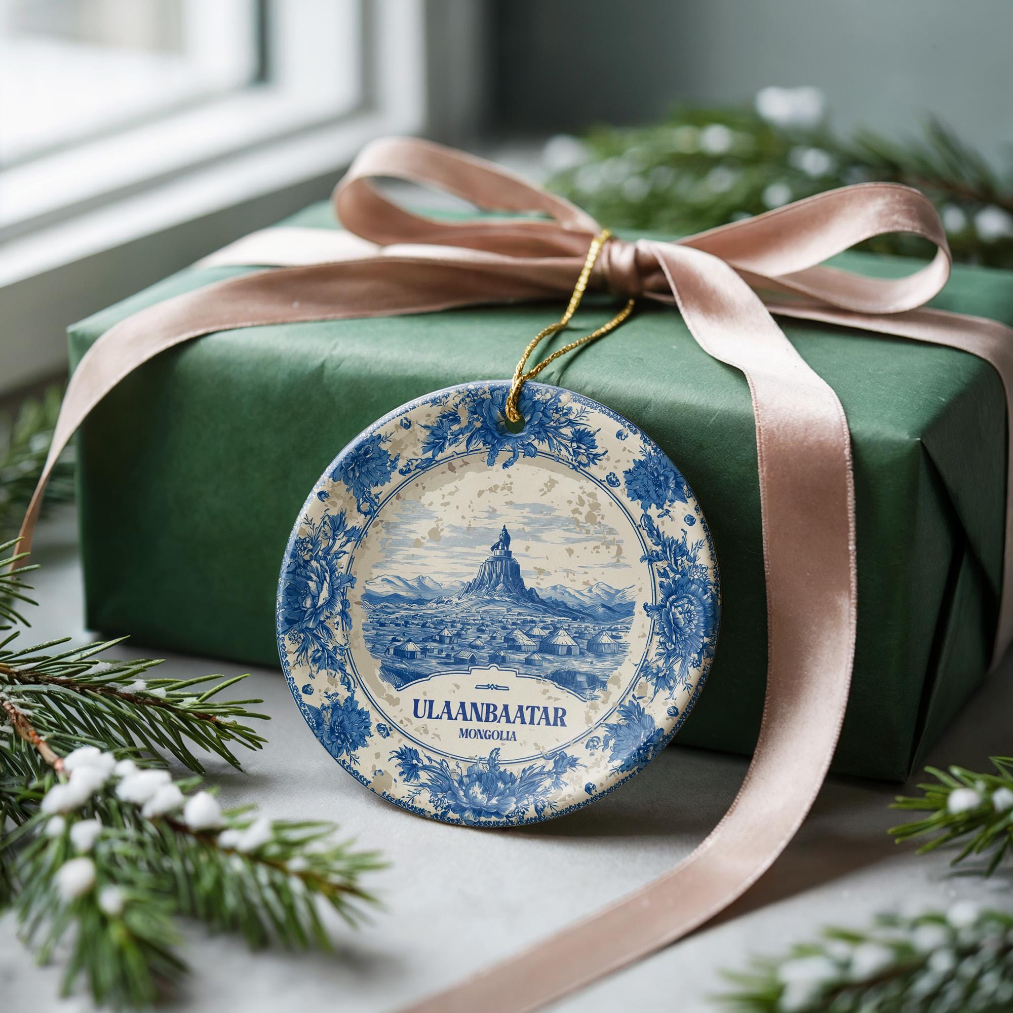 Custom Ulaanbaatar Mongolia Ceramic Delft Ornament, Christmas Delftware Blue Delftware city travel - CuteBeePix