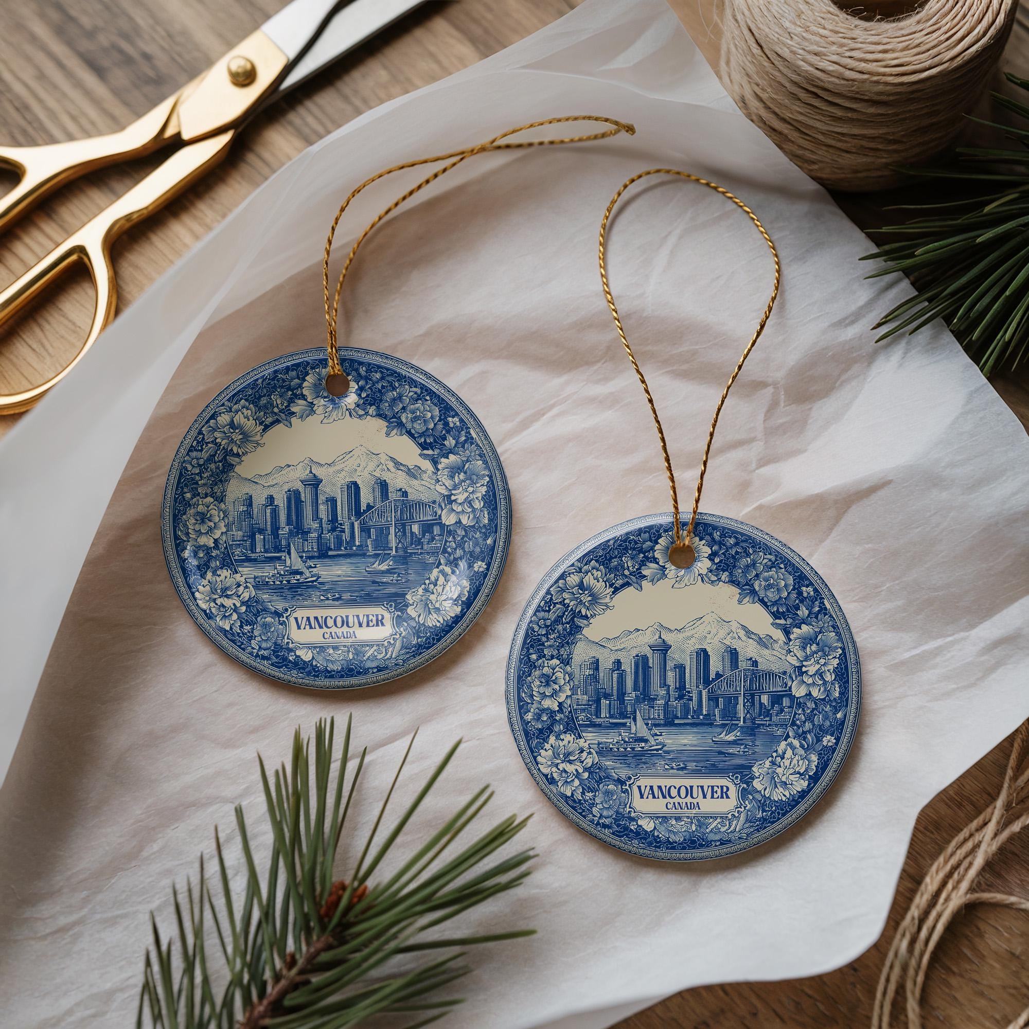 Custom Vancouver Canada Ceramic Delft Ornament, Christmas Delftware Blue Delftware city travel - CuteBeePix