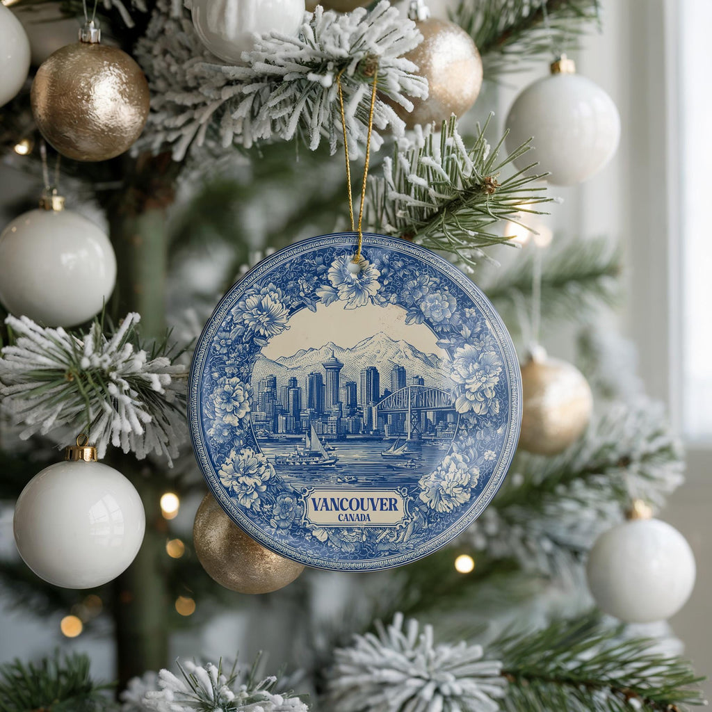 Custom Vancouver Canada Ceramic Delft Ornament, Christmas Delftware Blue Delftware city travel - CuteBeePix