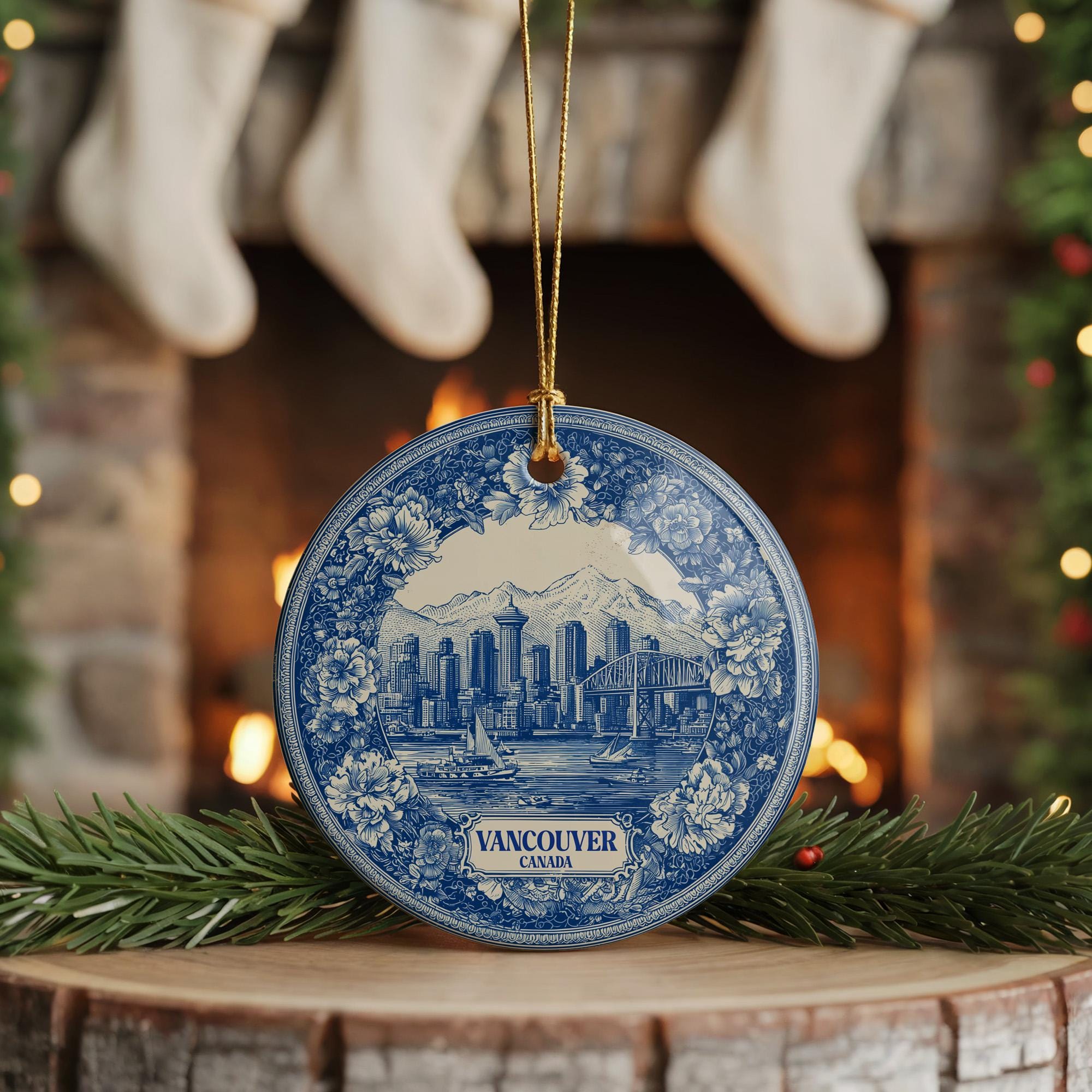 Custom Vancouver Canada Ceramic Delft Ornament, Christmas Delftware Blue Delftware city travel - CuteBeePix