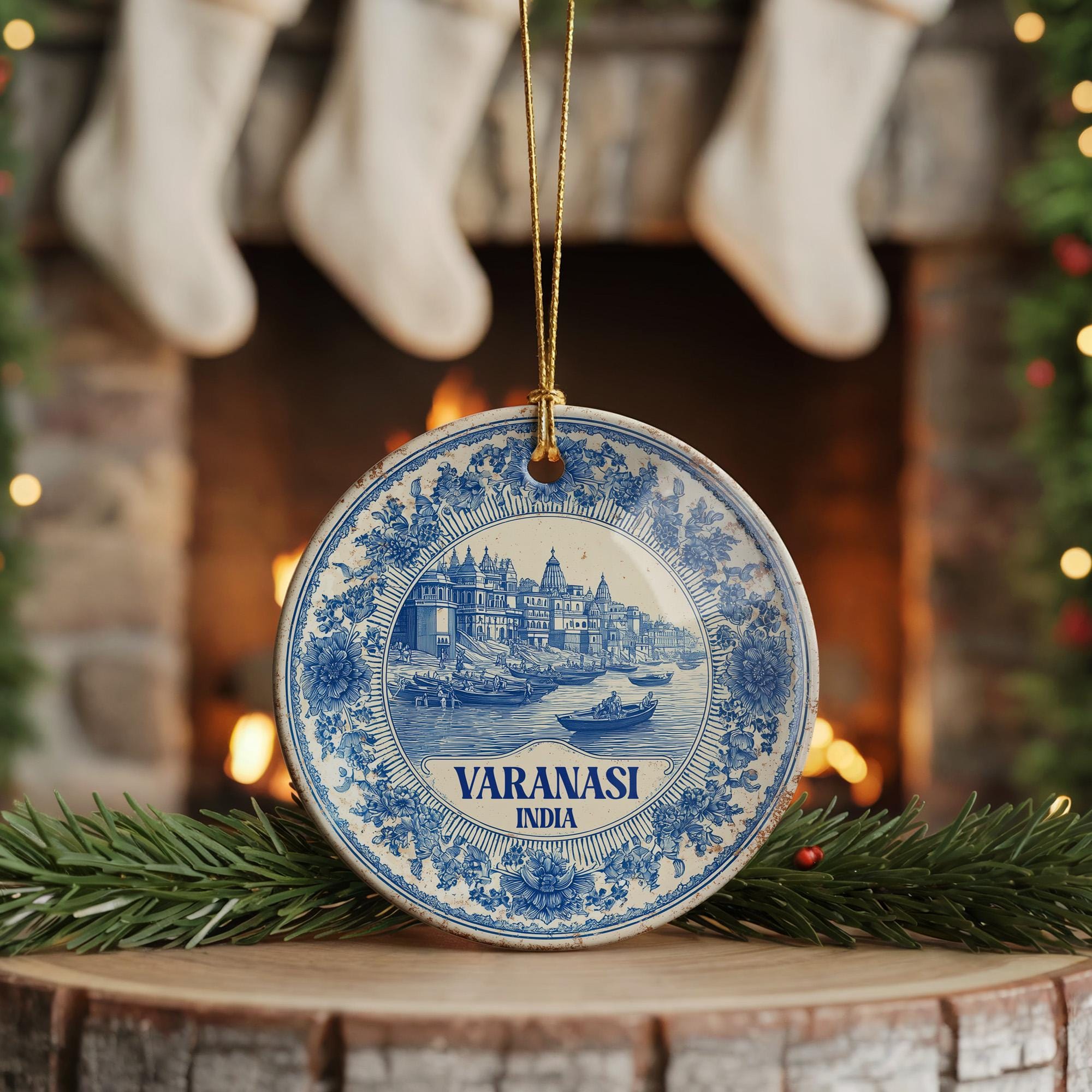 Custom Varanasi India Ceramic Delft Ornament, Christmas Delftware Blue Delftware city travel - CuteBeePix