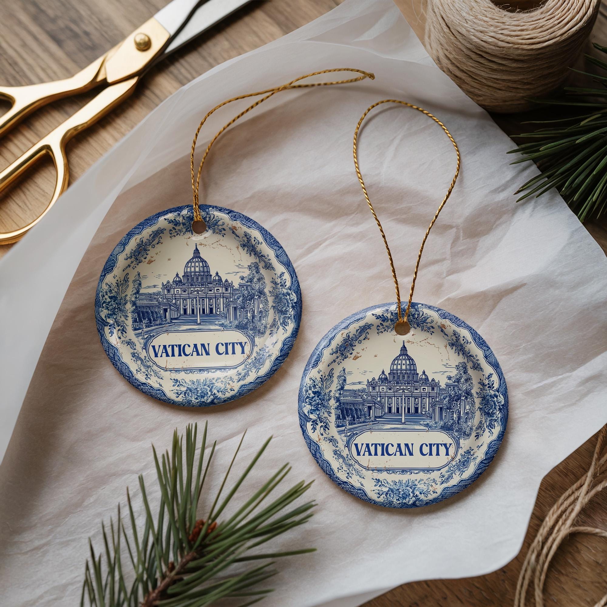 Custom Vatican City Delftware Ornament: Double - Sided Ceramic Travel Keepsake - CuteBeePix