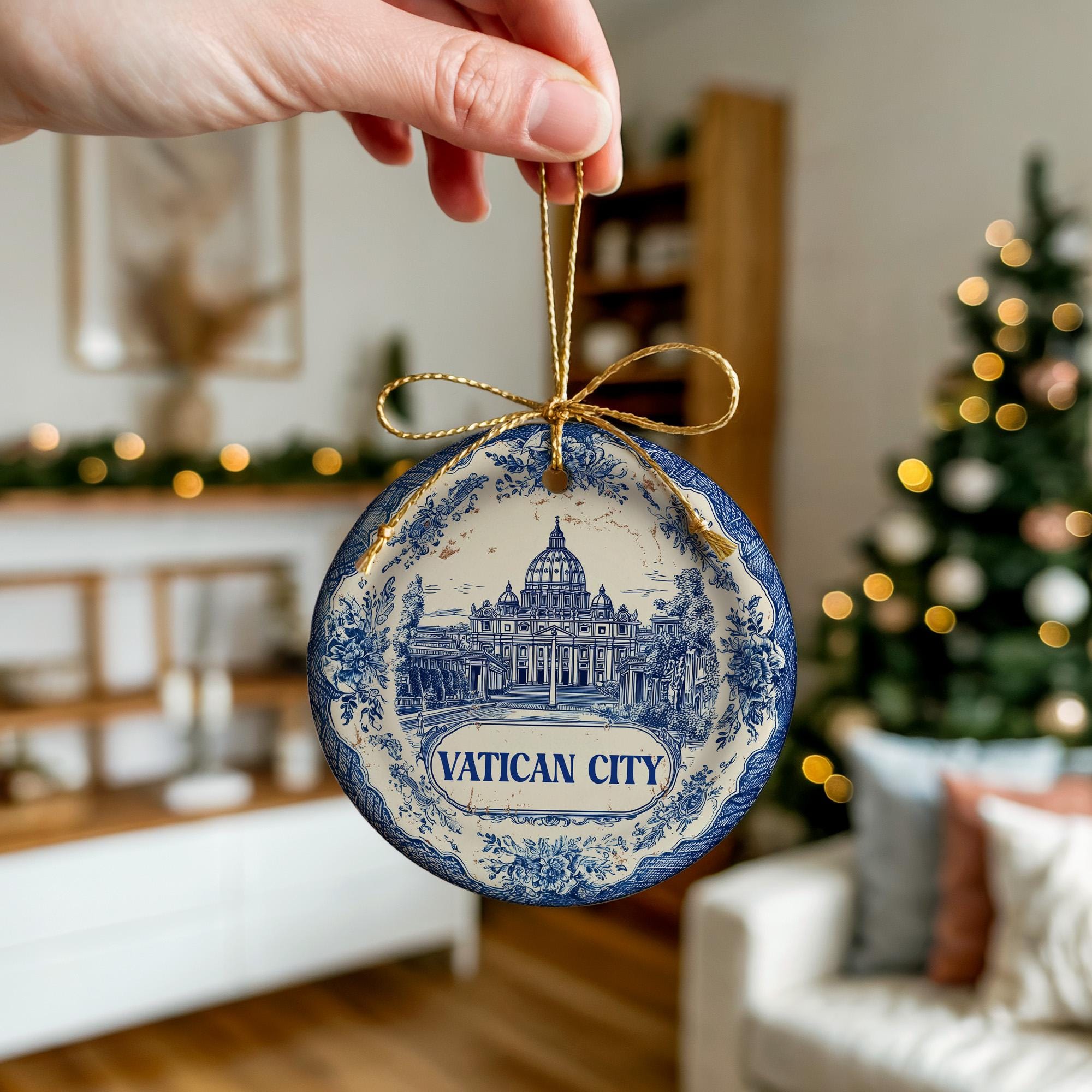 Custom Vatican City Delftware Ornament: Double - Sided Ceramic Travel Keepsake - CuteBeePix