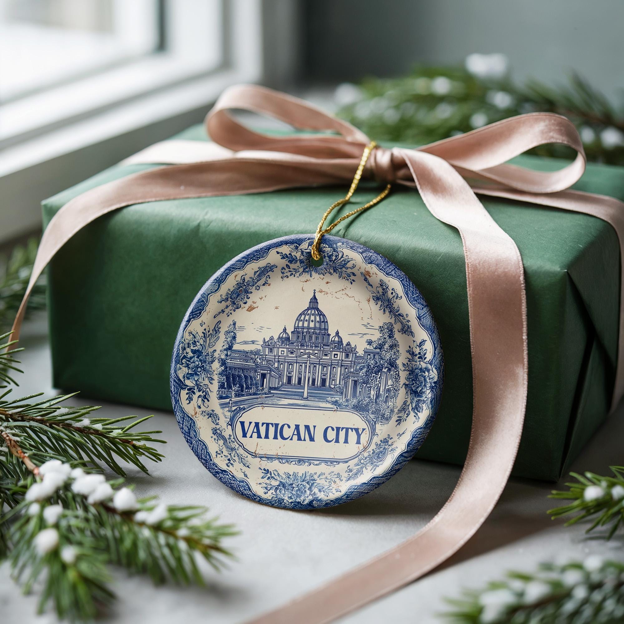 Custom Vatican City Delftware Ornament: Double - Sided Ceramic Travel Keepsake - CuteBeePix