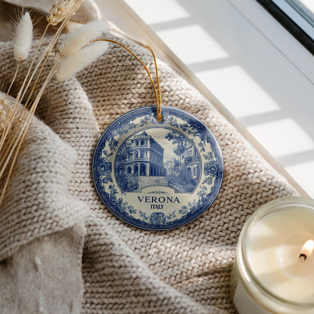 Custom Verona Italy Ceramic Delft Ornament, Christmas Delftware Blue Delftware city travel - CuteBeePix