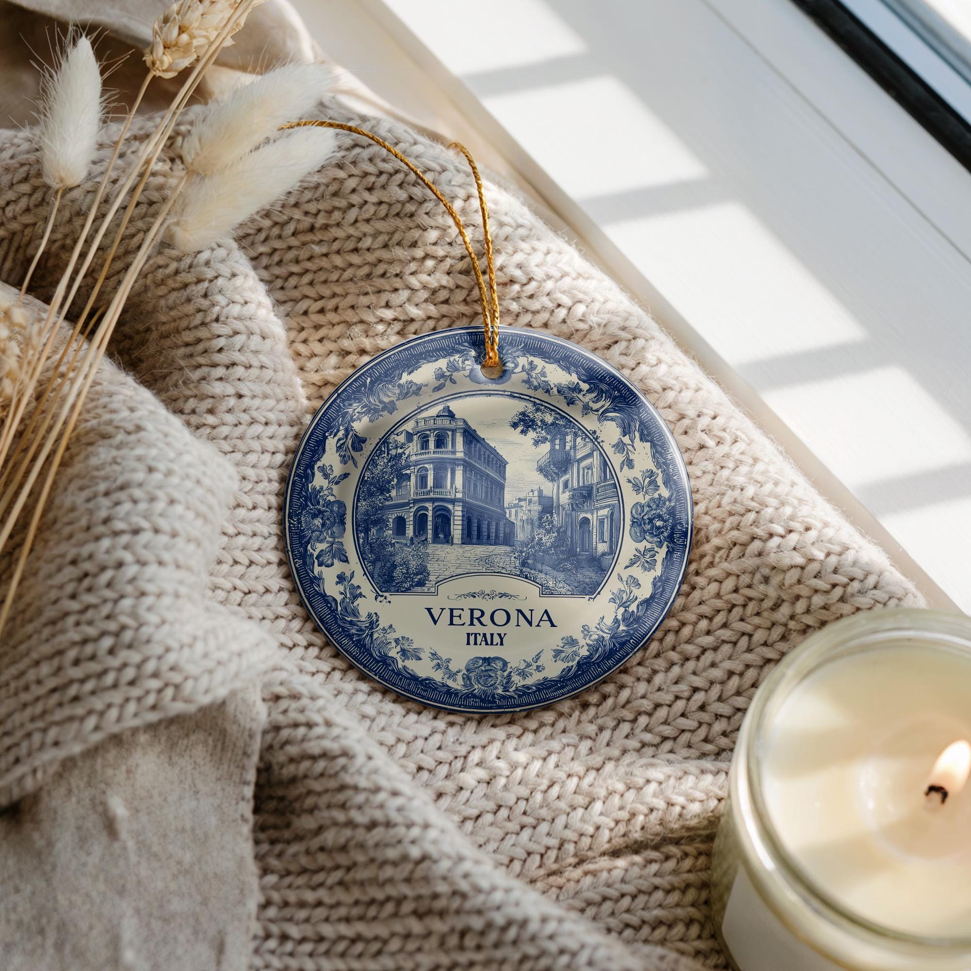 Custom Verona Italy Ceramic Delft Ornament, Christmas Delftware Blue Delftware city travel - CuteBeePix