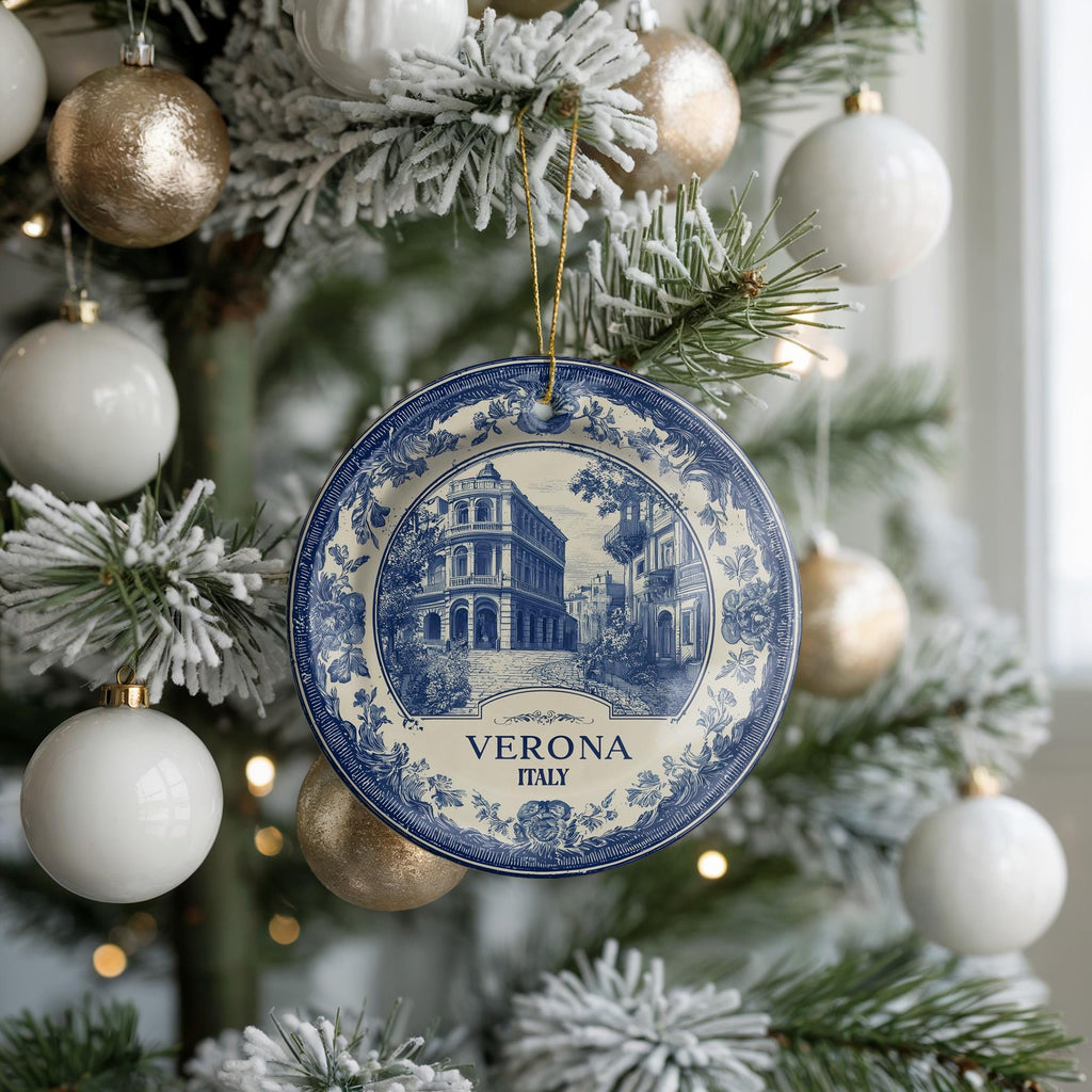 Custom Verona Italy Ceramic Delft Ornament, Christmas Delftware Blue Delftware city travel - CuteBeePix