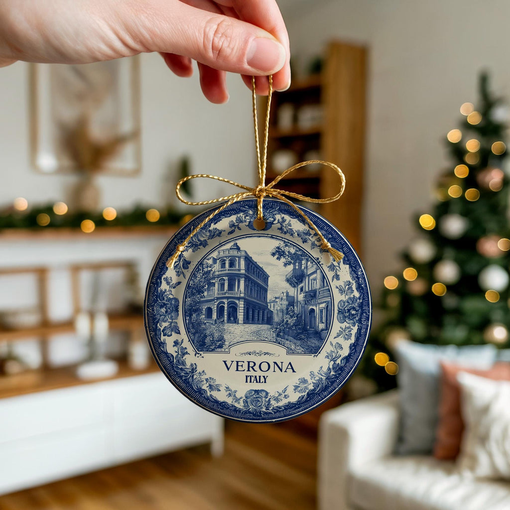 Custom Verona Italy Ceramic Delft Ornament, Christmas Delftware Blue Delftware city travel - CuteBeePix