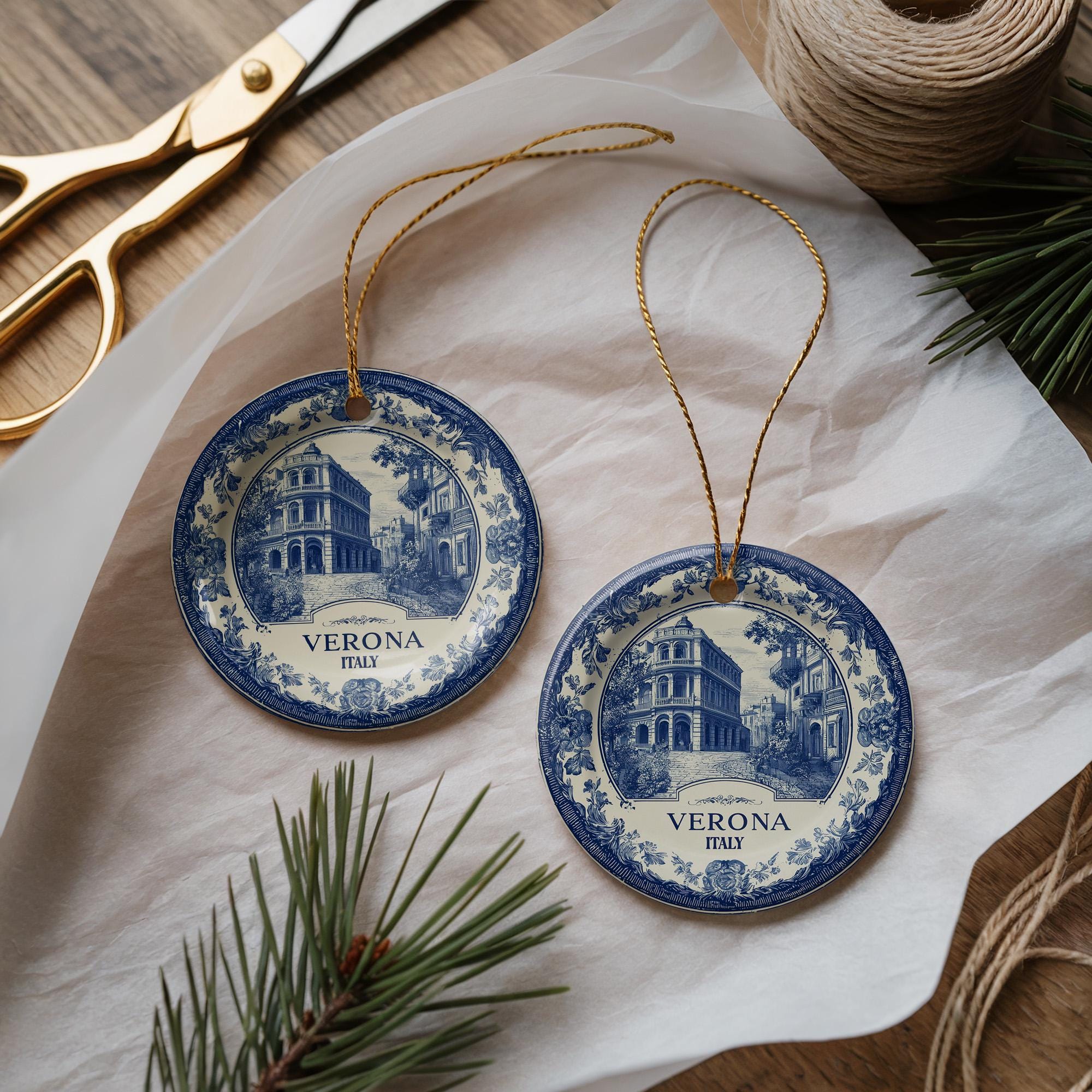 Custom Verona Italy Ceramic Delft Ornament, Christmas Delftware Blue Delftware city travel - CuteBeePix