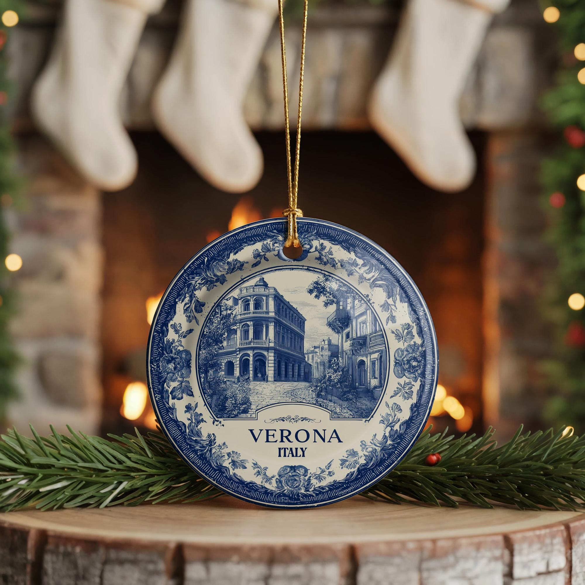 Custom Verona Italy Ceramic Delft Ornament, Christmas Delftware Blue Delftware city travel - CuteBeePix