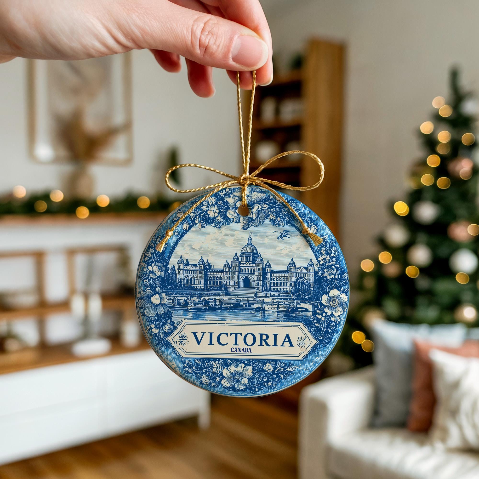 Custom Victoria Canada Ceramic Delft Ornament, Christmas Delftware Blue Delftware city travel - CuteBeePix