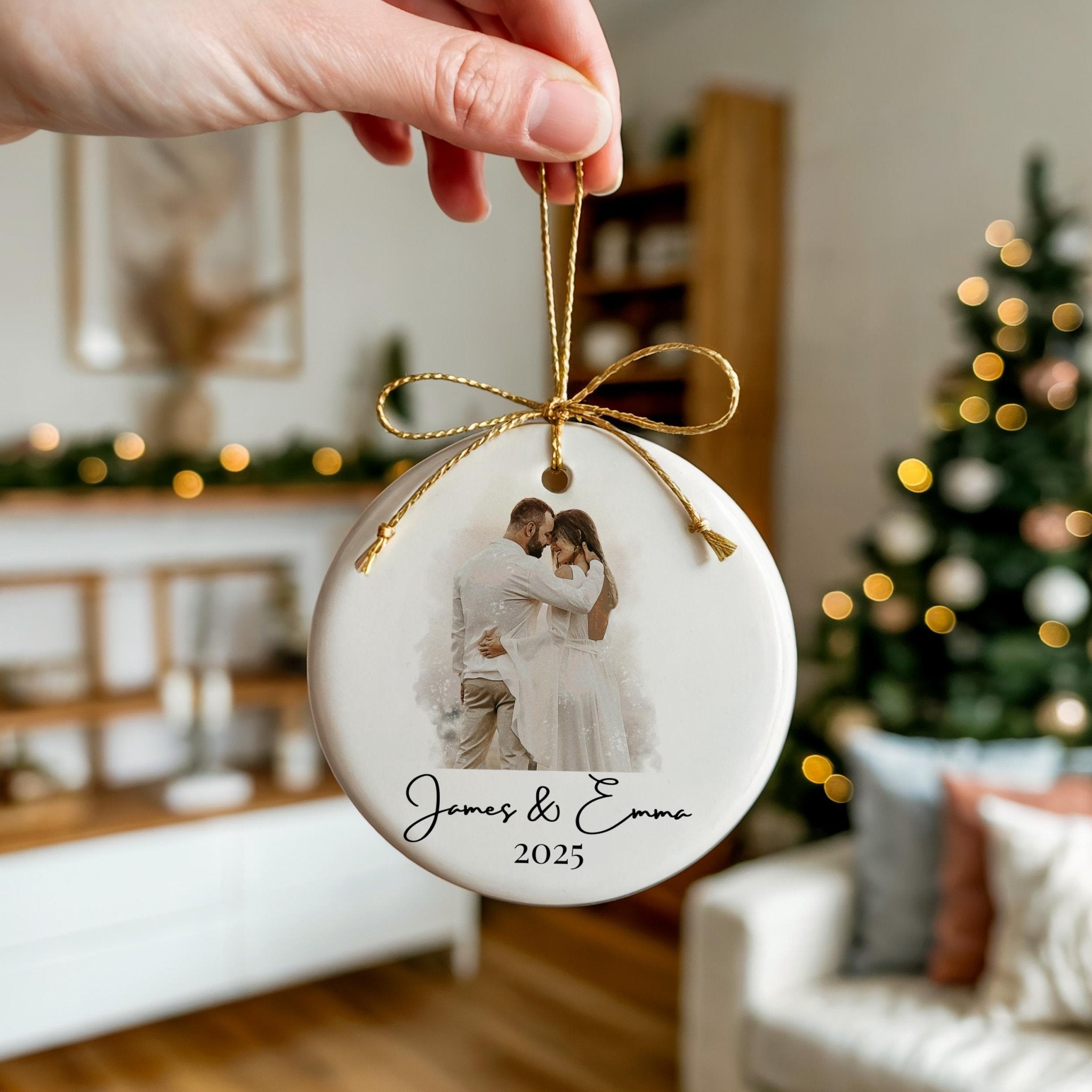 Custom Watercolor Ornament, Painting from photo, Personalized Christmas Couple Family Portrait - CuteBeePix