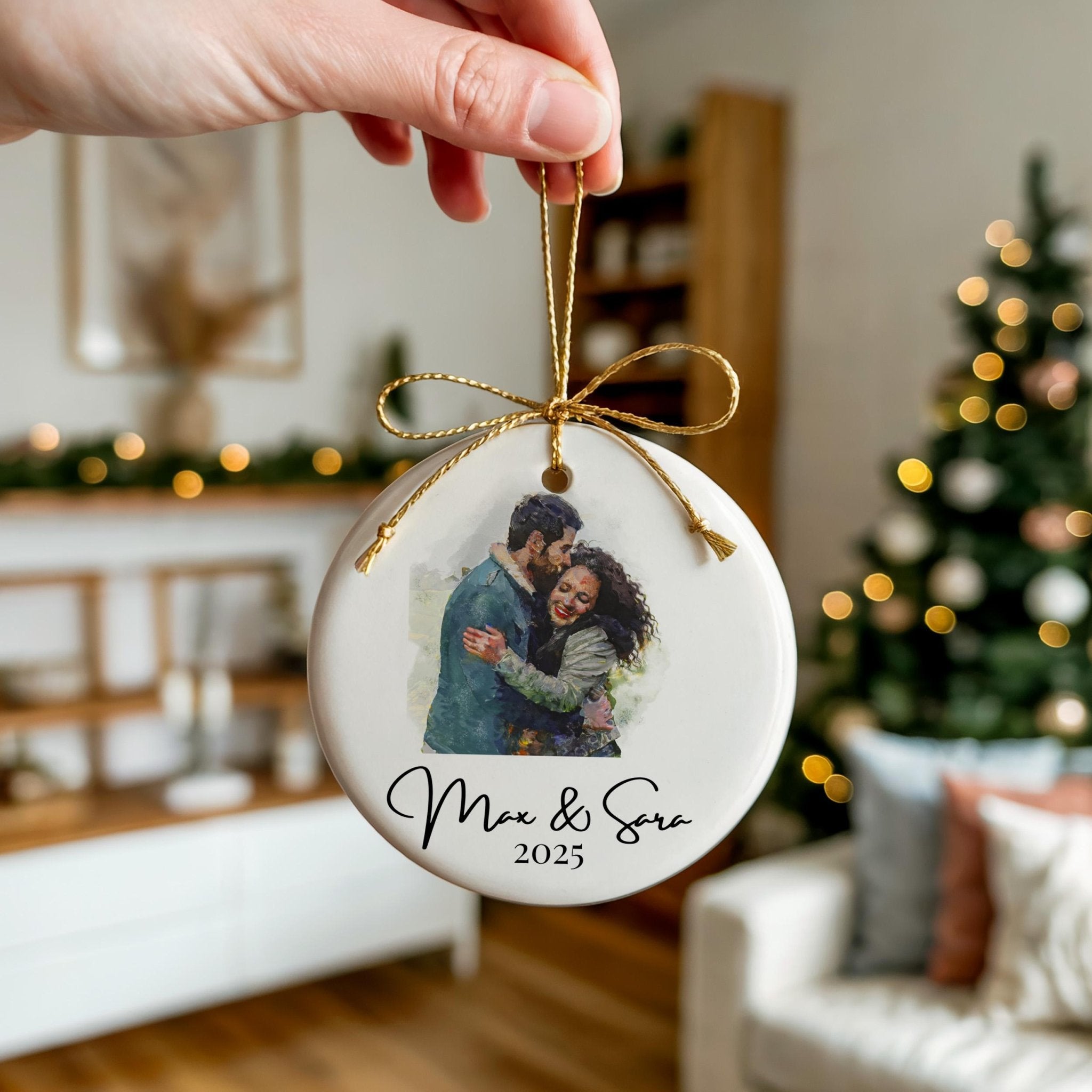 Custom Watercolor Ornament, Personalized Christmas Couple Family Portrait, Painting from photo - CuteBeePix