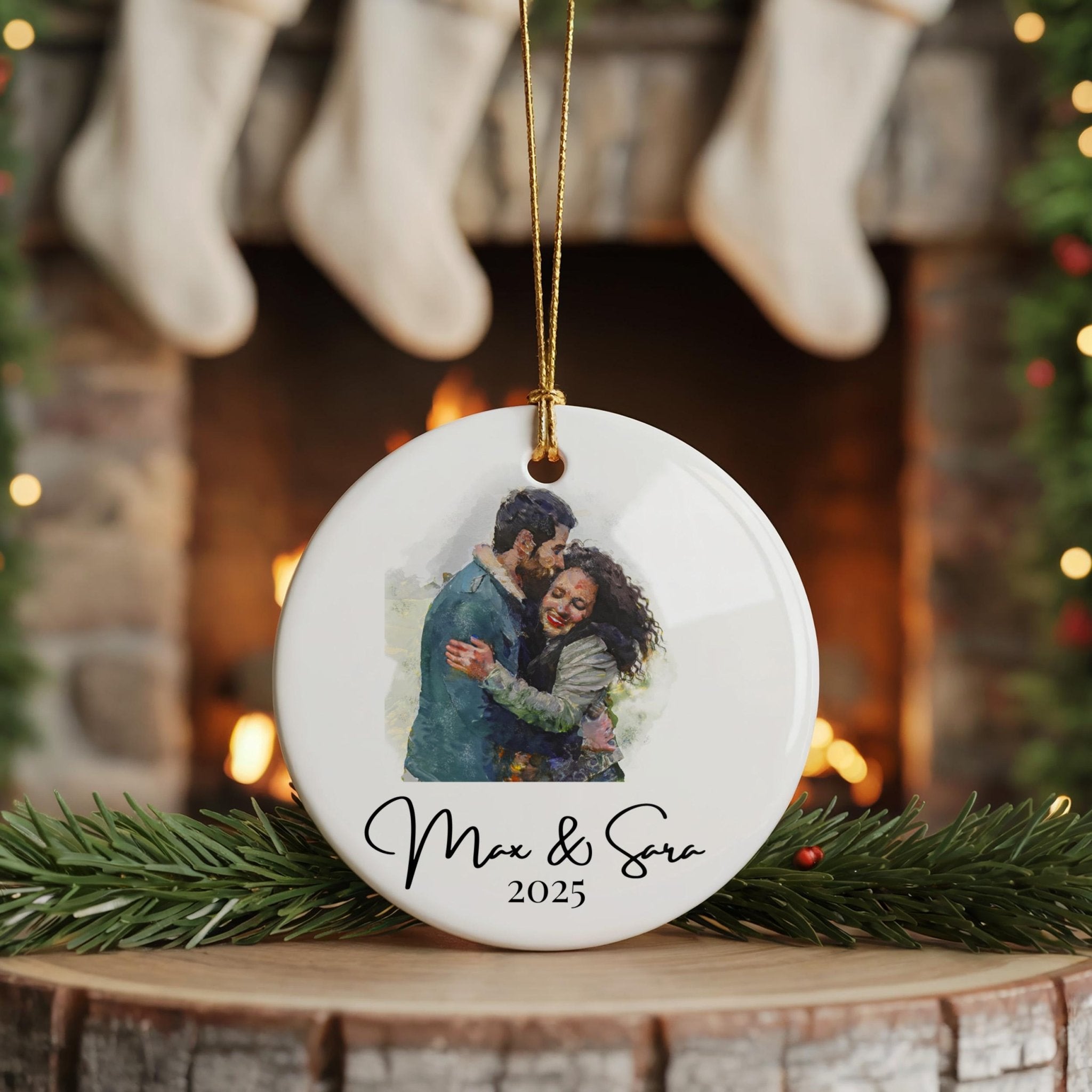 Custom Watercolor Ornament, Personalized Christmas Couple Family Portrait, Painting from photo - CuteBeePix