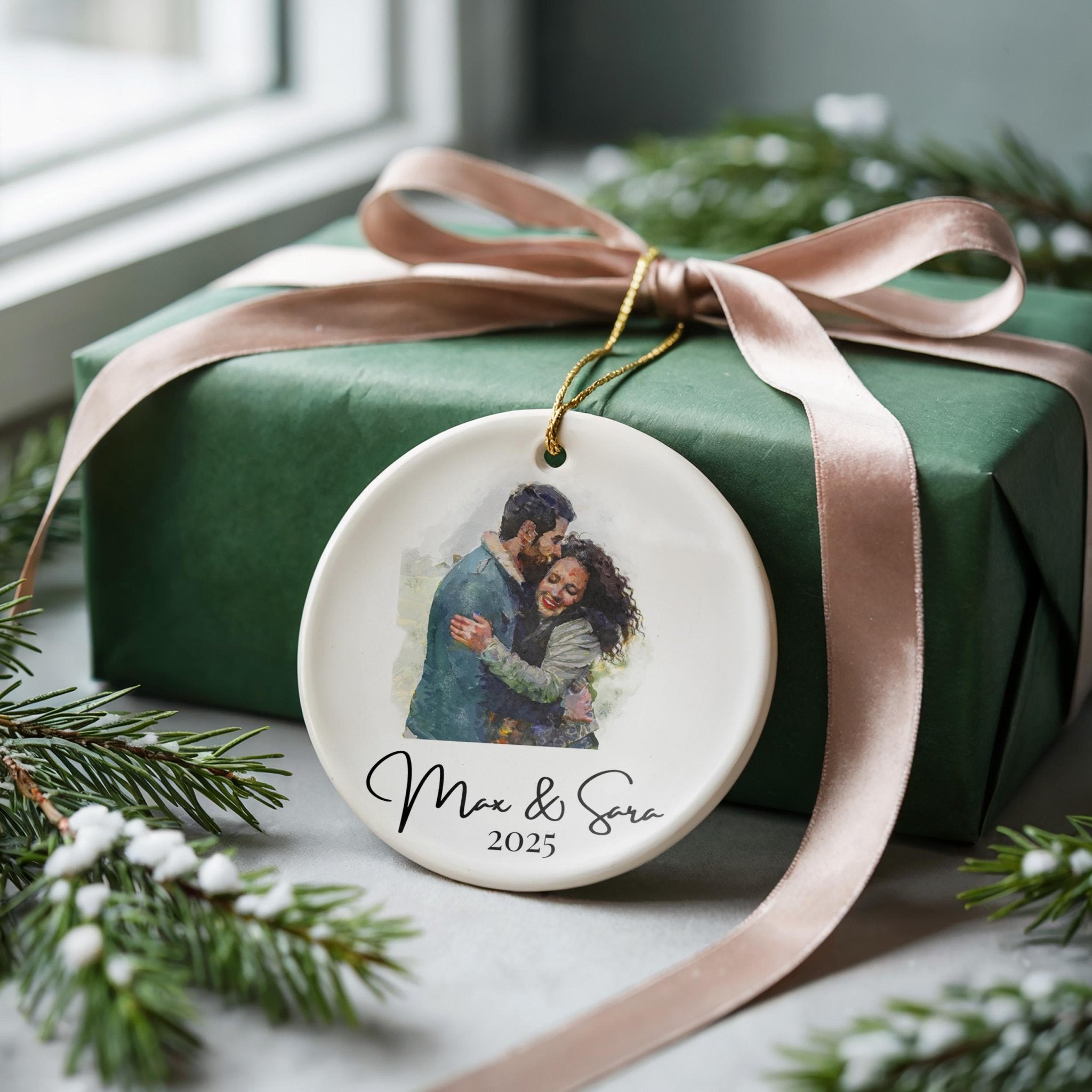 Custom Watercolor Ornament, Personalized Christmas Couple Family Portrait, Painting from photo - CuteBeePix