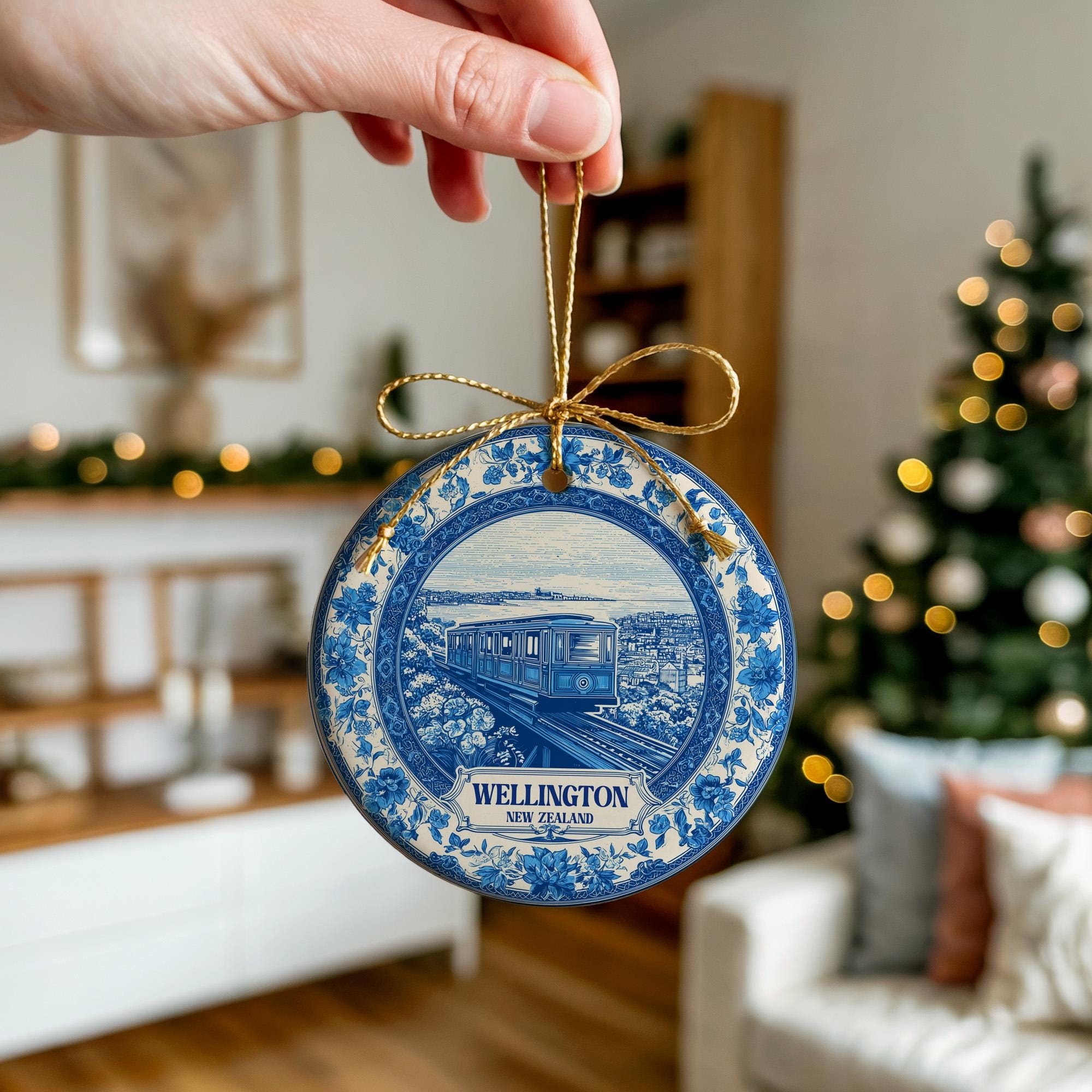 Custom Wellington New Zealand Ceramic Delft Ornament, Christmas Delftware Blue Delftware city travel - CuteBeePix