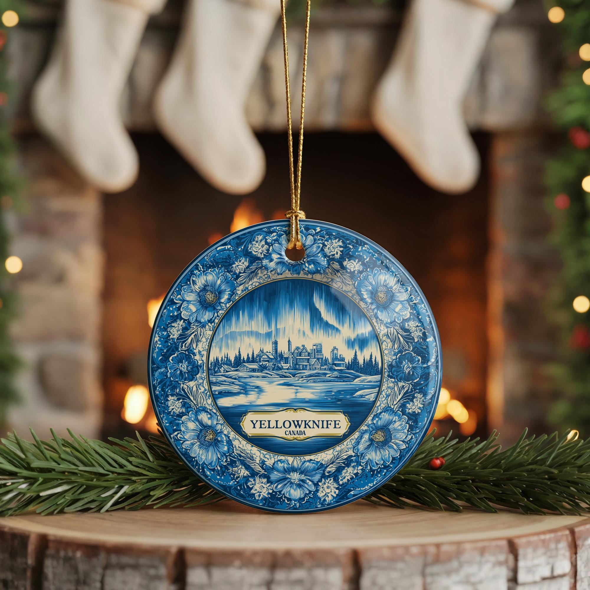 Custom Yellowknife Canada Ceramic Delft Ornament, Christmas Delftware Blue Delftware city travel - CuteBeePix