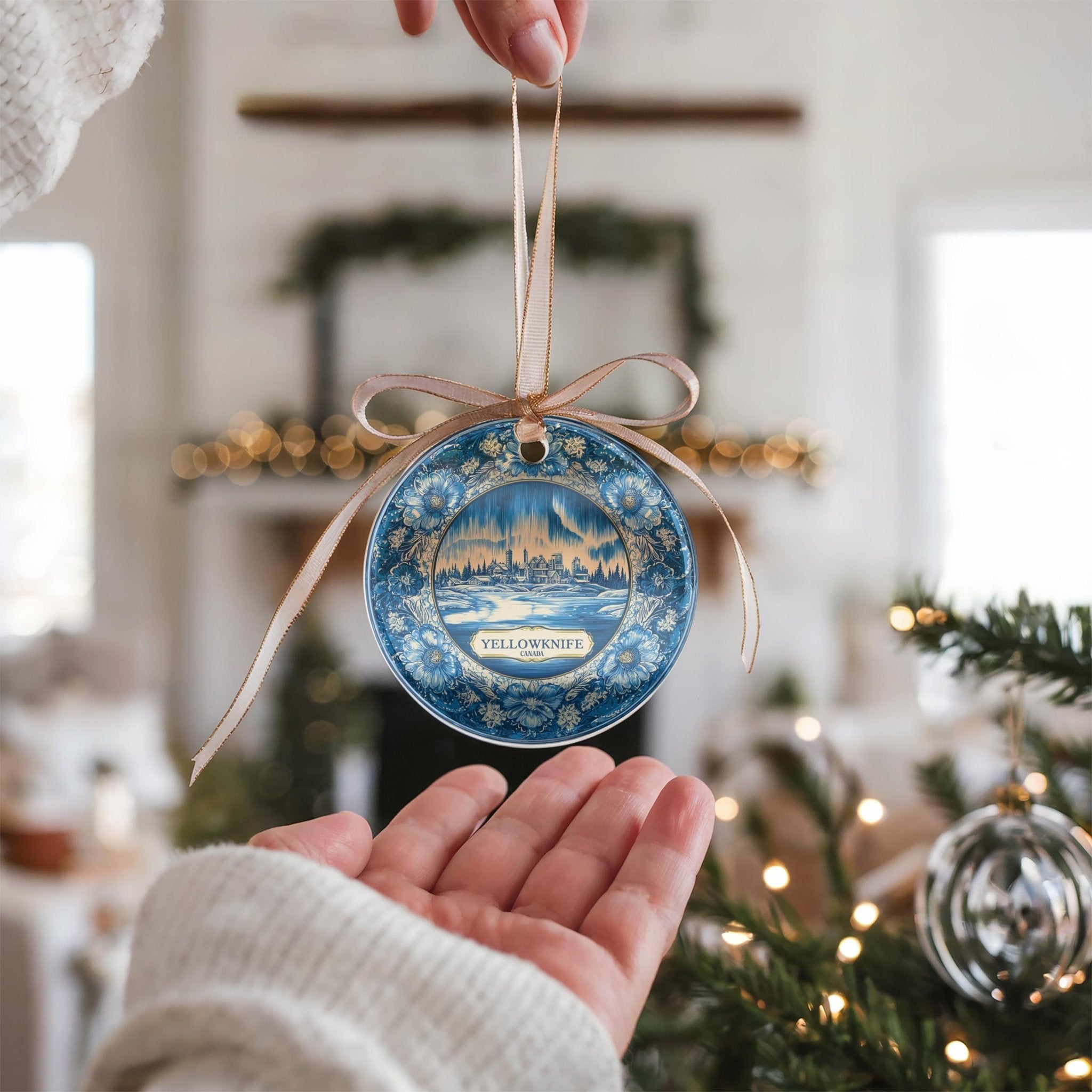 Custom Yellowknife Canada Ceramic Delft Ornament, Christmas Delftware Blue Delftware city travel - CuteBeePix